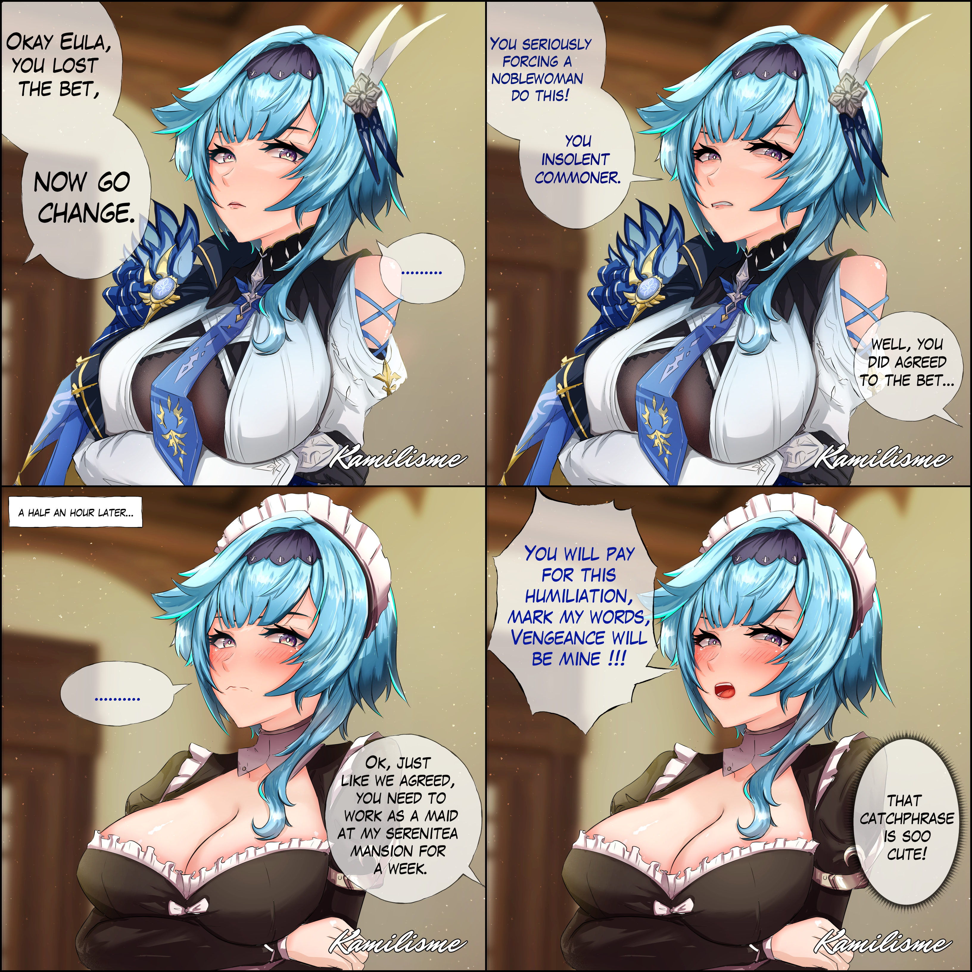 1girls, aether (genshin impact), blue hair, blush, breast hold, breasts, busty, cleavage, english text, eula (genshin impact), female, genshin impact, hi res, humiliation, large breasts, maid, maid headdress, maid uniform, speech bubble