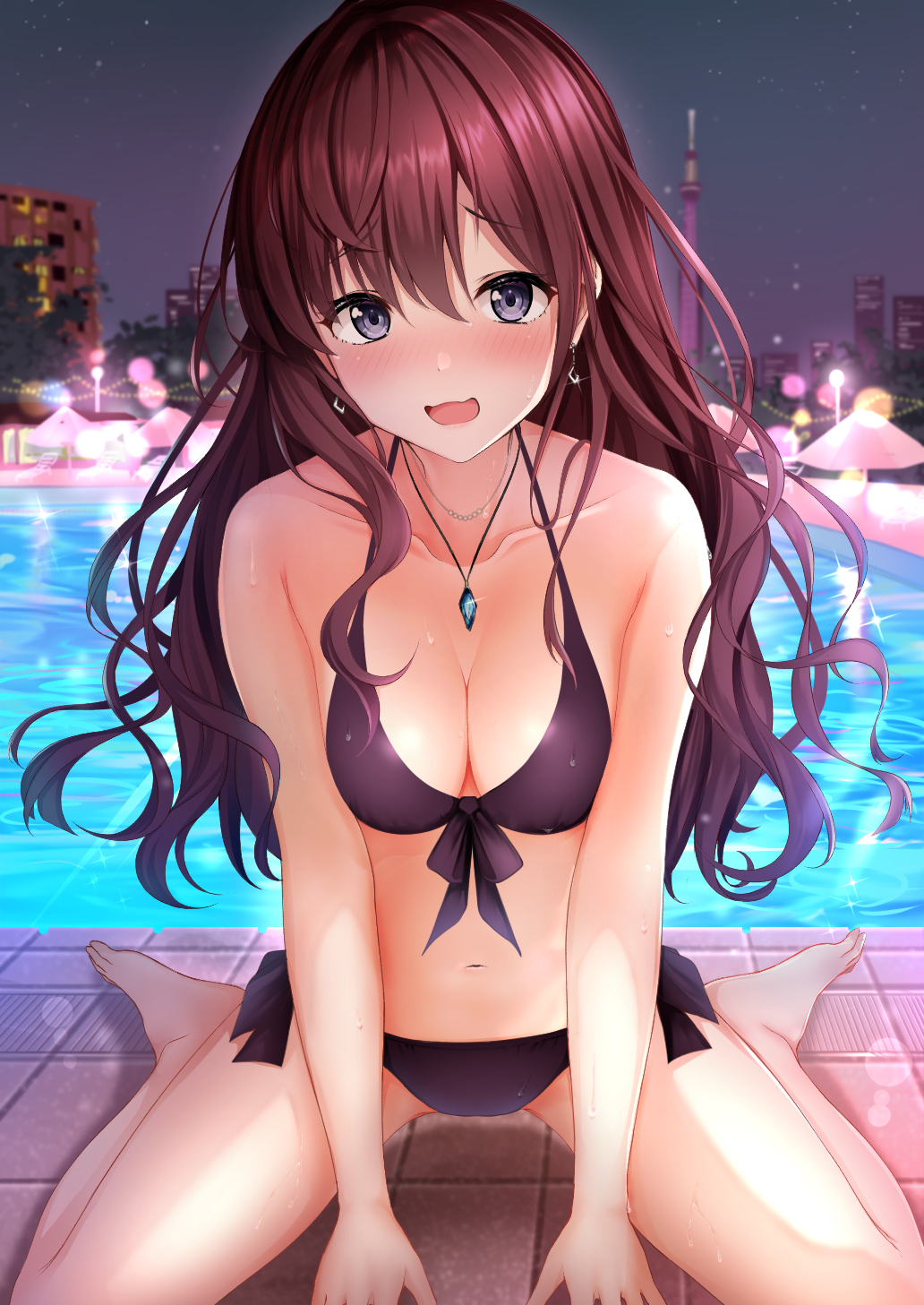 :d bare_arms bare_shoulders barefoot between_legs bikini black_bikini breasts brown_hair cleavage earrings female front-tie_bikini front-tie_top halter_top halterneck highres ichinose_shiki idolmaster idolmaster_cinderella_girls jewelry long_hair looking_at_viewer medium_breasts monaka_curl navel necklace night open_mouth outdoors poolside purple_eyes side-tie_bikini sitting smile solo stomach string_bikini swimsuit thighs wariza water wavy_hair wet