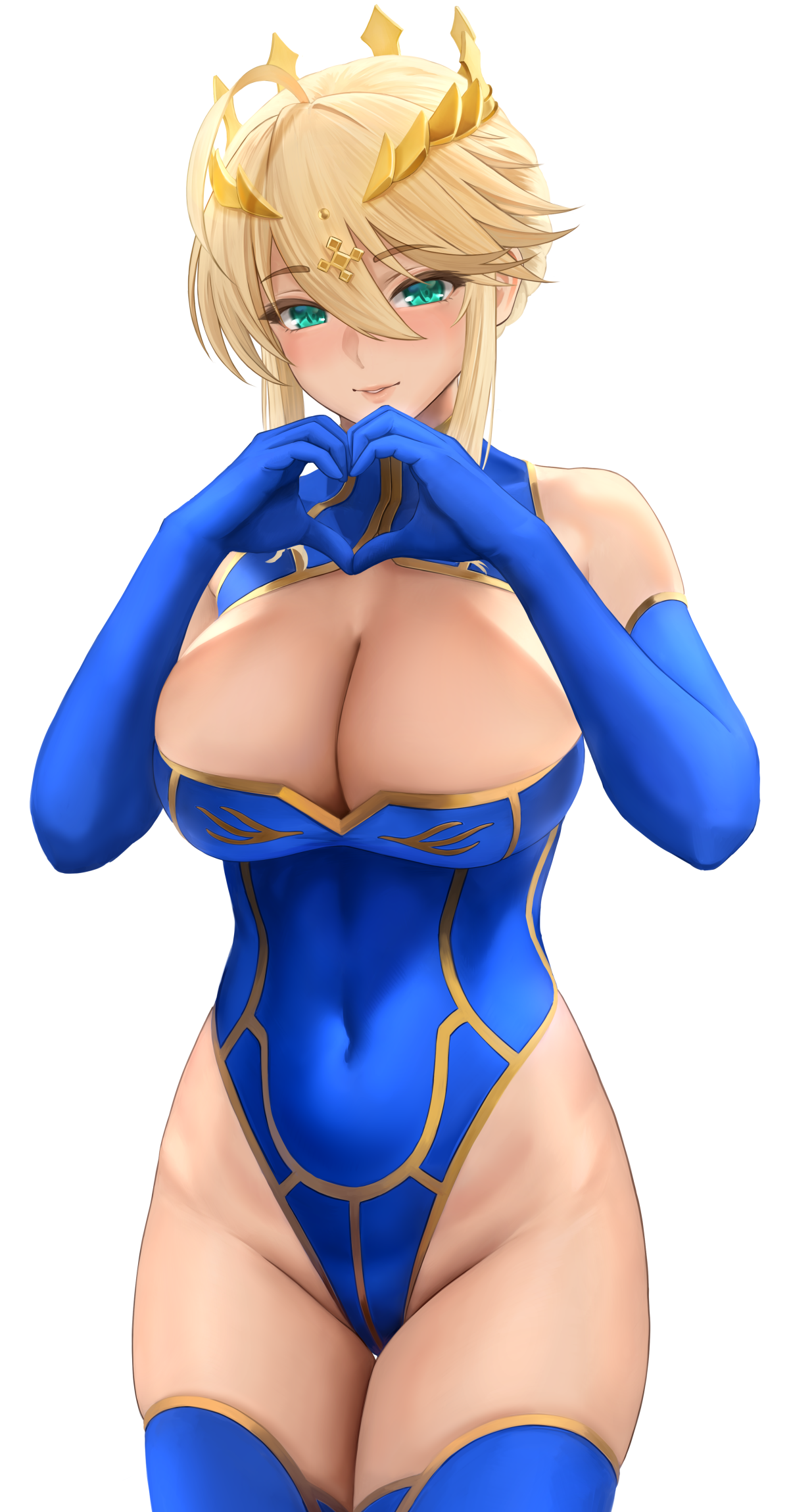 1girls, 2021, artoria pendragon, artoria pendragon (lancer), bare shoulders, big breasts, blonde hair, blue gloves, blue legwear, blue leotard, blush, braid, breasts, cleavage, cleavage cutout, clothing cutout, covered navel, crown, elbow gloves, fate (series), fate/grand order, female, french braid, gloves, green eyes, hair between eyes, heart, heart hands, highleg, highleg leotard, highres, large breasts, leotard, looking at viewer, sidelocks, skin tight, smile, thighhighs, thighs, white background, yamaneko (tkdrumsco)