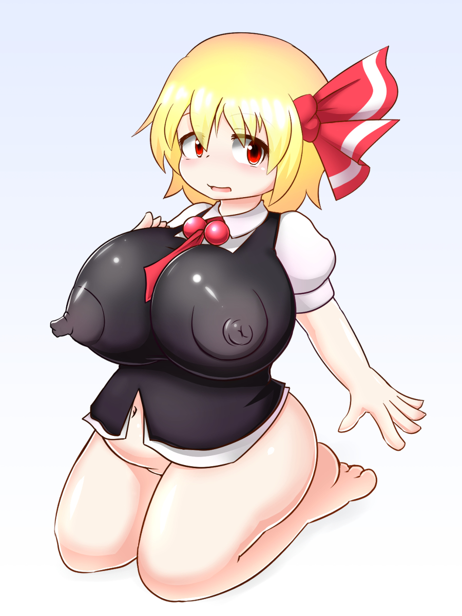 1girls asheta7 blonde_female blonde_hair bottomless breasts female huge_breasts red_eyes rumia short_hair solo solo_female touhou