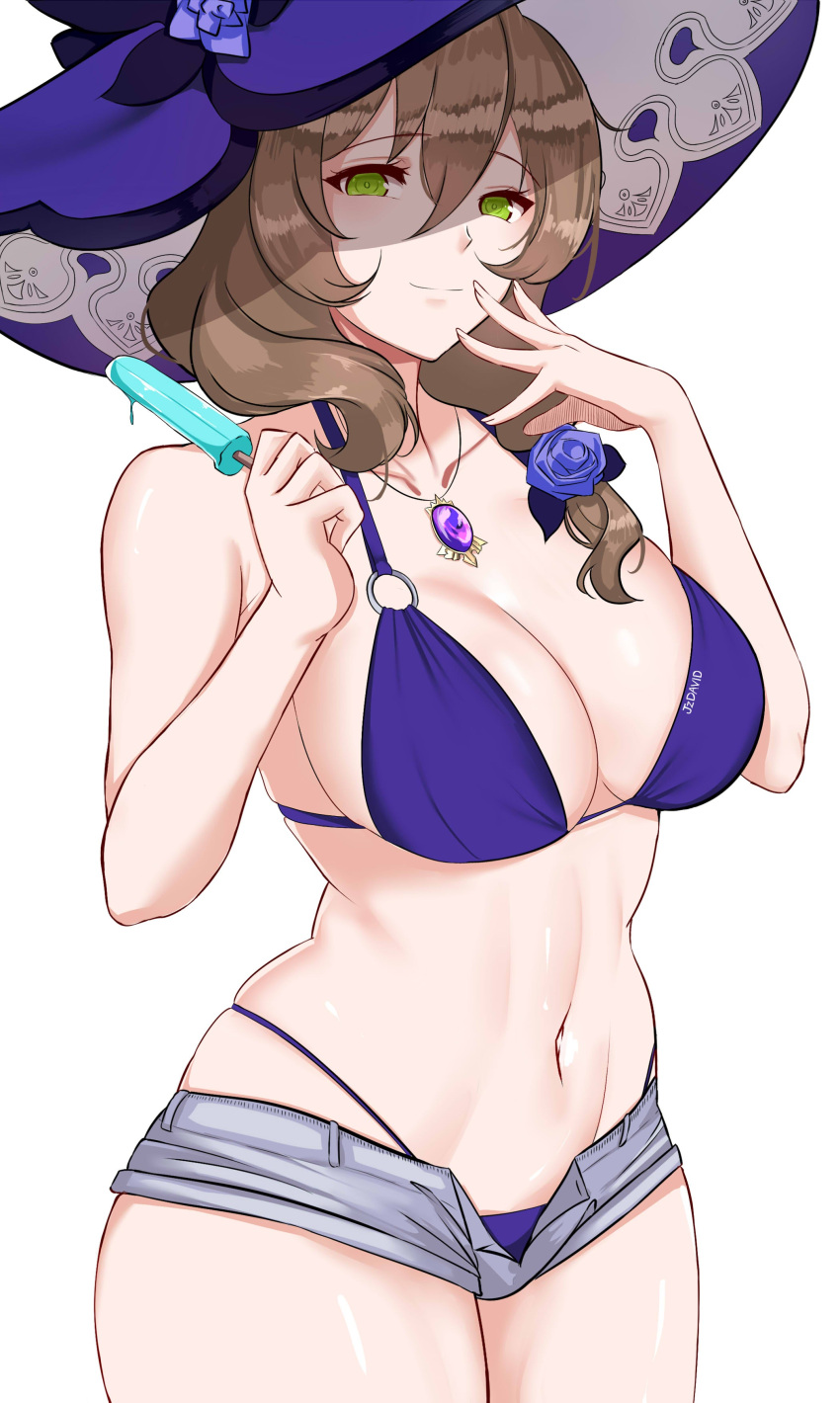 bikini, bikini top, blonde hair, blue bikini, eyelashes, female, gem, genshin impact, green eyes, hat, holding, jewelry, jzdavid, lisa (genshin impact), nails, navel, necklace, popsicle, smile, solo, standing, swimsuit, witch hat