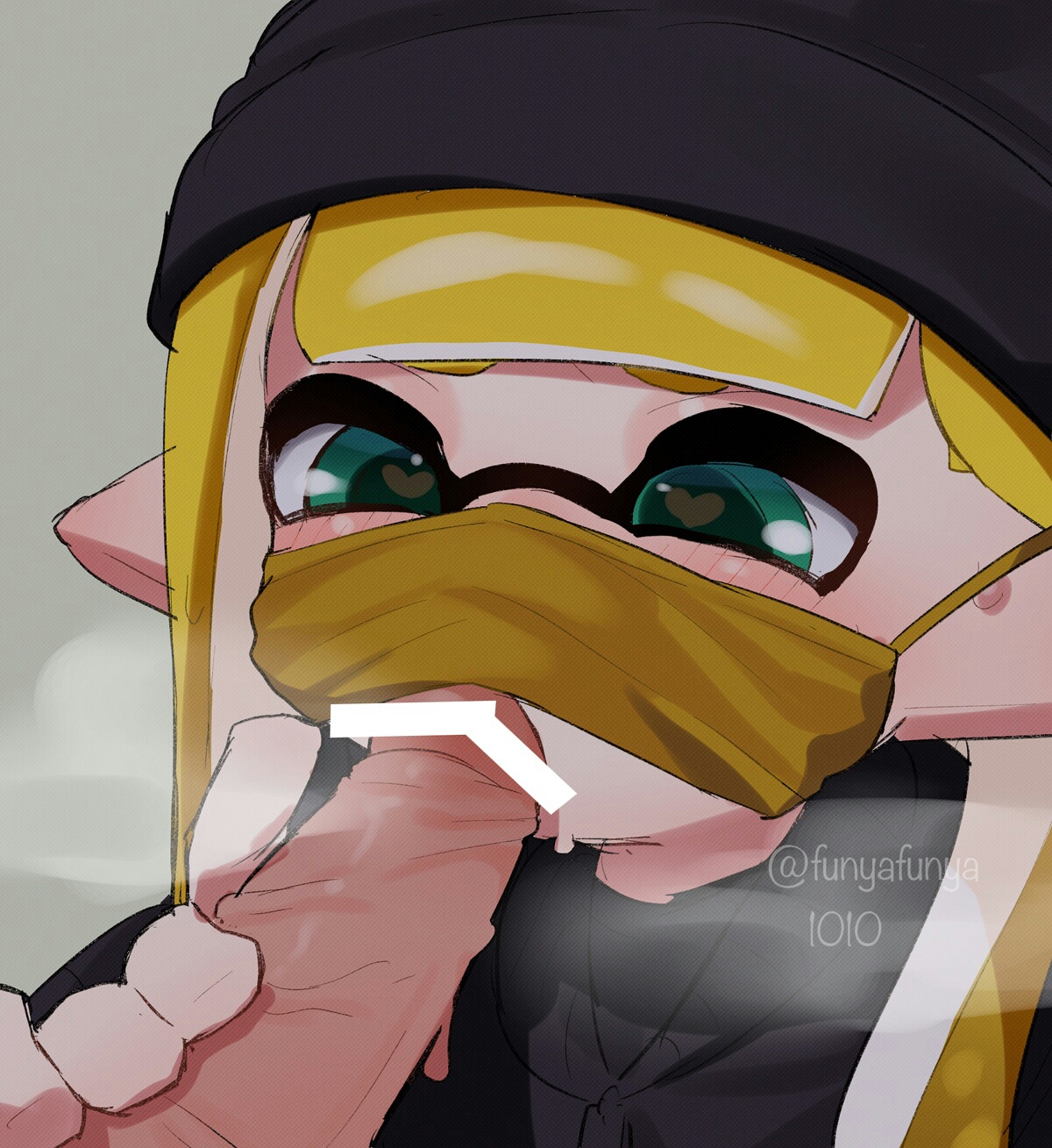 blowjob, face mask, fellatio, fellatio under mask, female, funyafunya1010, heart-shaped pupils, inkling, inkling girl, nintendo, splatoon, splatoon 2