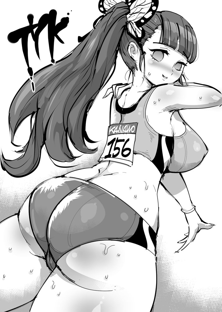 1girls ass ass_cleavage big_ass big_breasts big_butt bloomers blush breasts buruma butt_crack butterfly_hair_ornament chiroru curvy_figure demon_slayer eye_contact female greyscale huge_breasts kimetsu_no_yaiba long_hair looking_at_viewer looking_back monochrome ponytail solo sweat thick_ass thick_thighs tsuyuri_kanao voluptuous wide_hips