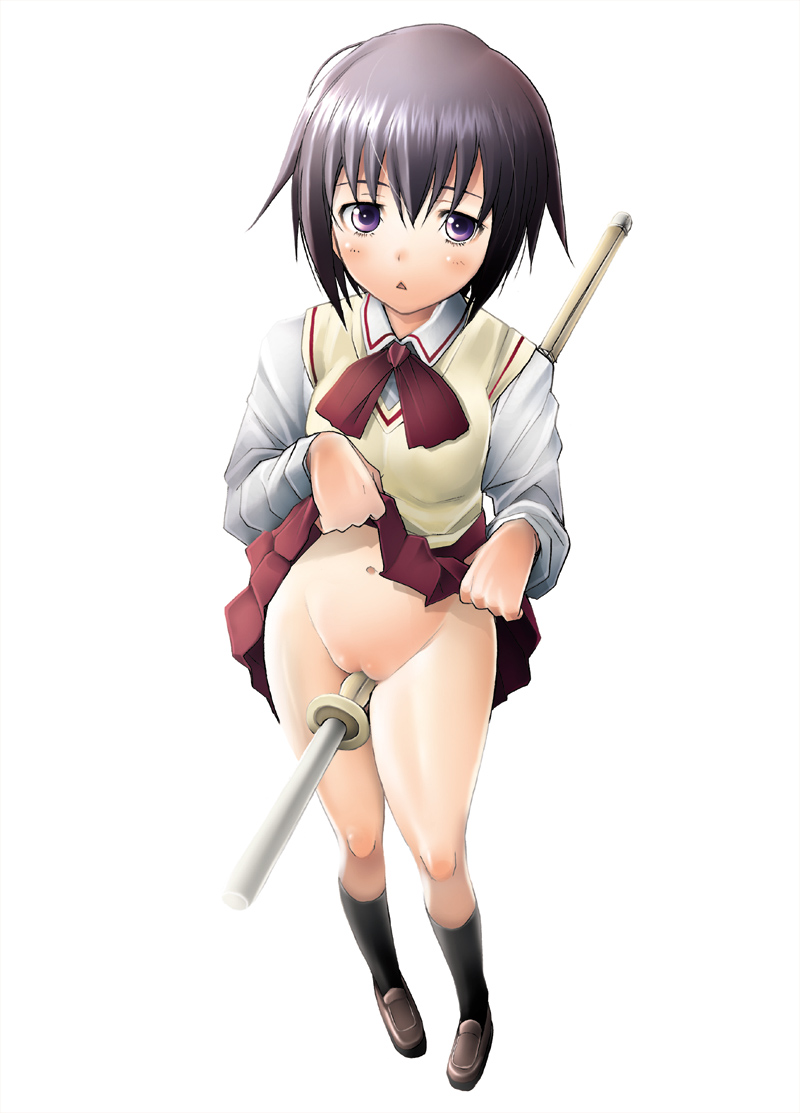 bamboo_blade black_hair blush crotch_rub footwear kawazoe_tamaki navel no_panties pointy_chin purple_eyes pussy sakai_hamachi school_uniform serafuku shaved_pussy shinai short_hair skirt skirt_lift socks sword weapon white_background