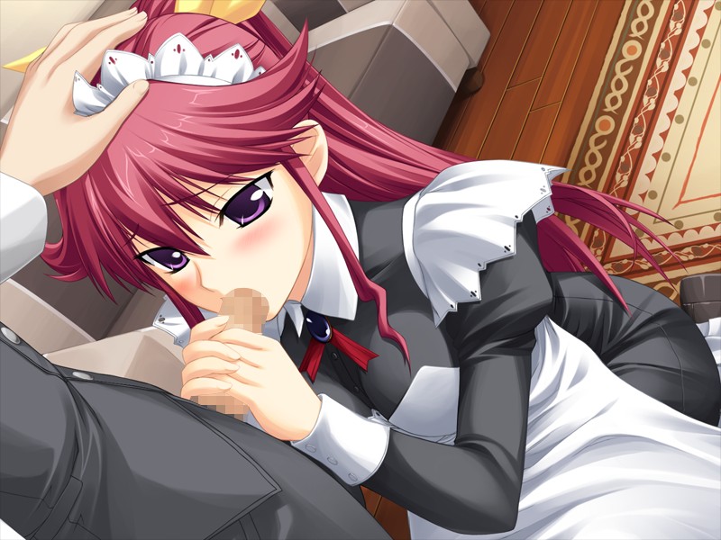 censored fellatio female game_cg hand_on_head human long_hair maid maid_headdress male oral penis purple_eyes red_hair straight they_are_my_noble_masters two-handed_handjob uesugi_ren venis