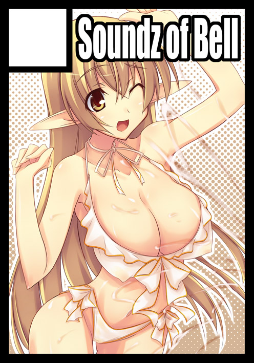 bikini breasts brown_eyes brown_hair circle_cut cleavage cum large_breasts pointy_ears shimakaze soundz_of_bell swimsuit