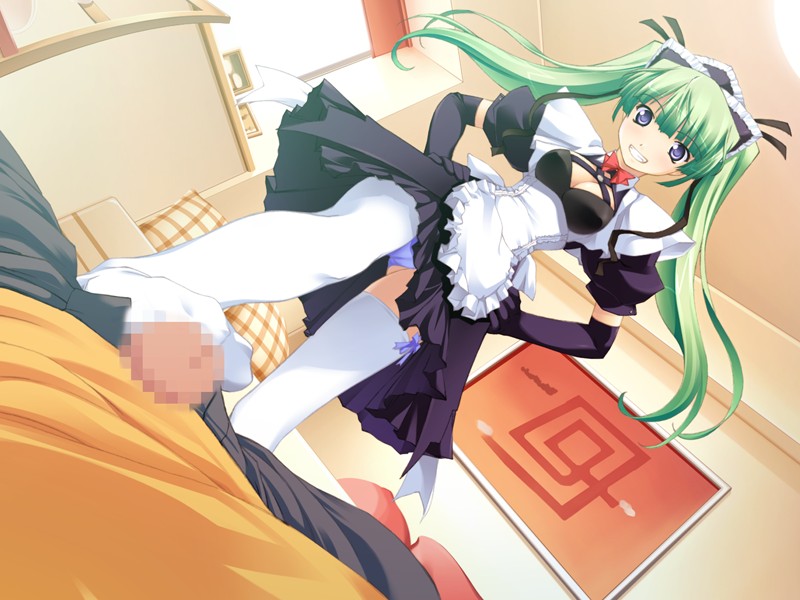 blue_eyes blue_panties bondage breasts censored cleavage cleavage_cutout dutch_angle elbow_gloves emupii_maid_promotion_master feet femdom footjob footjob_with_legwear game_cg gloves green_hair grin hair_ribbon hands_on_hips homura_yukine looking_down maid no_shoes panties pantyshot penis ribbon smile standing standing_footjob tamahiyo thighhighs tied_hair twintails underwear white_legwear white_thighhighs zettai_ryouiki