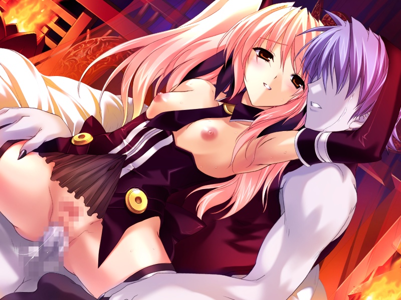 blush bottomless breastless_clothing censored choukou_(alicesoft) choukou_sennin_haruka claws clothing corruption cowgirl_position cum dark_persona demon dutch_angle elbow_gloves eye_contact flat_chest from_behind game_cg gloves grey_skin hair happy_sex looking_at_another no_panties onigirikun pink_hair reverse_cowgirl_position sex shihoudou_narika stockings straddle thighhighs tied_hair topless twintails