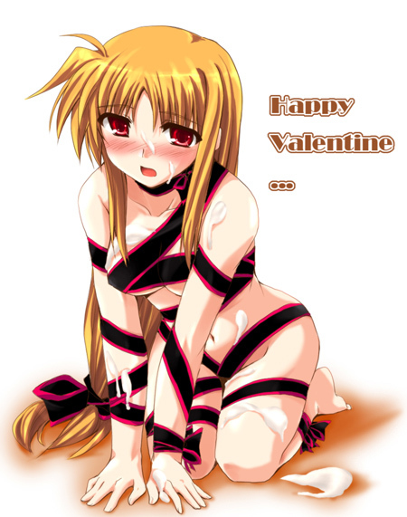 blonde_hair blush cum fate_testarossa happy_valentine long_hair lyrical_nanoha mahou_shoujo_lyrical_nanoha mahou_shoujo_lyrical_nanoha_strikers naked_ribbon nude red_eyes ribbon ribbons valentine