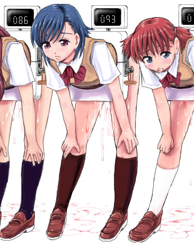 3girls after_rape after_sex bent_over blood blue_eyes blue_hair blush bondage bottomless cry cum cum_pool cumdrip cumpool female female_only human_toilet humiliation lineup lowres mayonaise mayonnaise_(ringo_gakuen) multiple_girls multiple_subs original pillory public_use red_eyes red_hair school_uniform serafuku sex_station tally tally_marks tears through_wall virgin