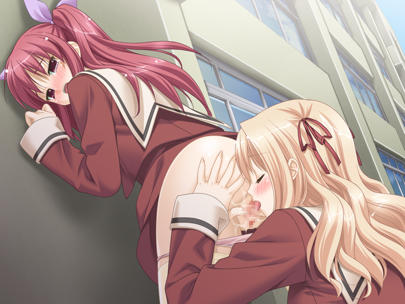 2girls blonde_hair blush censored cunnilingus female game_cg matsubara_yuuna multiple_girls oda_nanami oral panties panty_pull peko red_eyes red_hair school_uniform serafuku sono_hanabira_ni_kuchizuke_wo standing_yuri underwear yuri