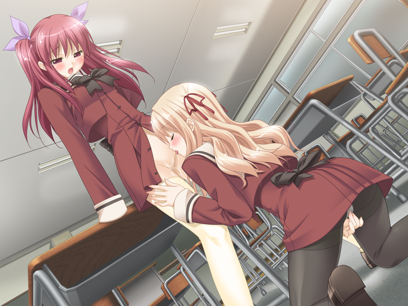 2girls blonde_hair blush bottomless censored cunnilingus female game_cg kneeling masturbation matsubara_yuuna multiple_girls no_panties oda_nanami oral panties panties_under_pantyhose pantyhose peko pussy_juice red_eyes red_hair ribbon ribbons school_uniform serafuku sono_hanabira_ni_kuchizuke_wo standing_yuri thighhighs tied_hair twintails underwear yuri