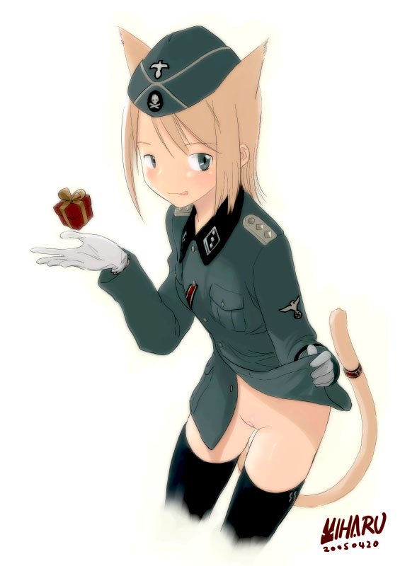 1girls 2005 artist_name bad_link bottomless cat_ears cat_tail dated female female_only garrison_cap gloves hat inverted_swastika ling_(cg_sky) military military_uniform nazi_reichsadler original pointy_chin present pussy soldier solo solo_femalepussy thigh_highs tongue uncensored white_background world_war_2 ww2