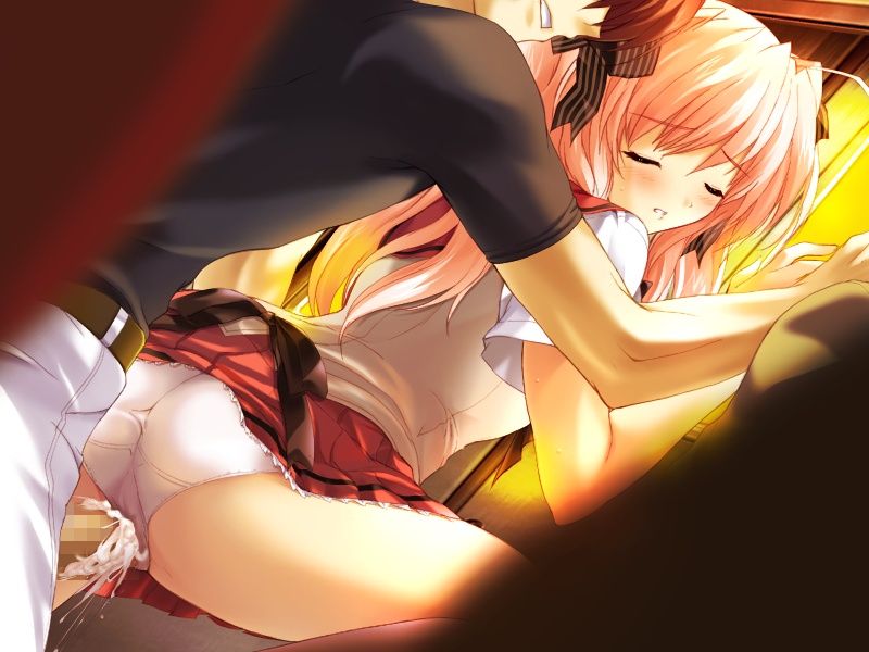 blush bow censored choukou_(alicesoft) choukou_sennin_haruka closed_eyes clothed_sex clothing cum cum_inside female from_behind game_cg ikusabe_takamaru male onigirikun panties panties_aside penis pink_hair public school_uniform serafuku sex shihoudou_narika skirt straight tied_hair train train_interior twintails underwear vaginal_penetration