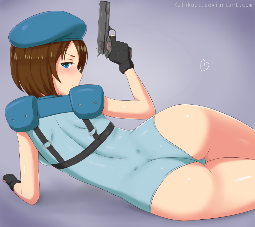 ass, back view, beret, female, jill valentine, jill valentine (julia voth), kainkout, leotard, looking back, lying on side, police uniform, resident evil, solo