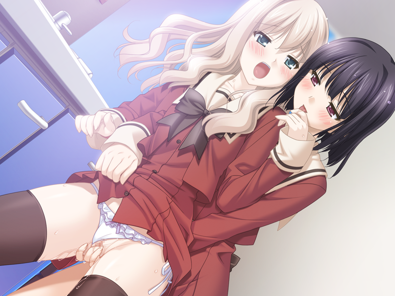 2girls blonde_hair blue_eyes blush censored female fingering game_cg green_eyes kawamura_reo multiple_girls panties peko purple_hair pussy_juice red_eyes sawaguchi_mai school_uniform serafuku sono_hanabira_ni_kuchizuke_wo thighhighs underwear yuri