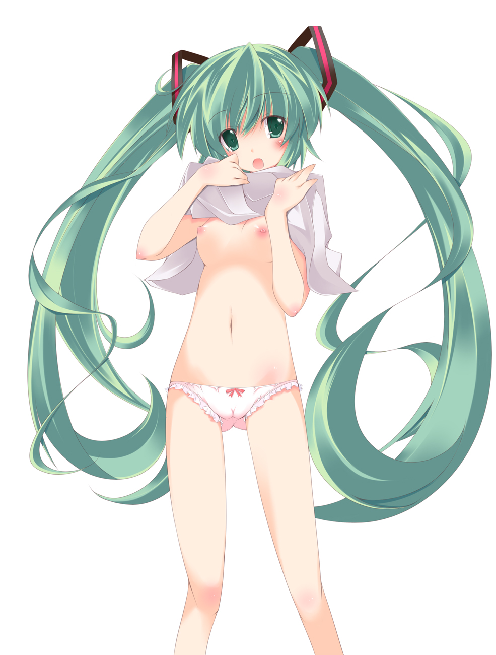 1girls breasts cameltoe erect_nipples female green_eyes green_hair hands hatsune_miku highres long_hair lowleg nipples open_mouth panties plus9 solo tied_hair twintails underwear vocaloid