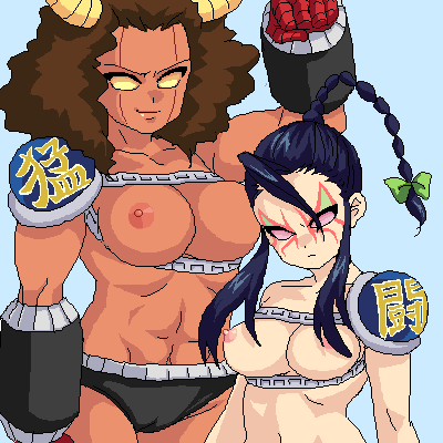 1:1 armor beige_skin black_hair breasts brown_hair buffaloman closed_mouth clothes color female female_only frown hair horns kinnikuman mongloman mongolman multiple_females multiple_girls nipples pink_eyes ramenman rule_63 standing tan_skin topless yellow_eyes