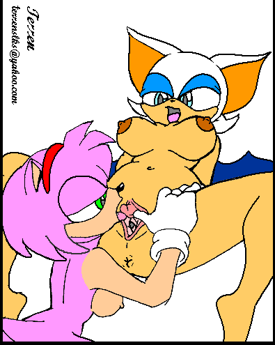 2girls amy_rose anthro breasts color cunnilingus female female_only furry furry_only large_breasts multiple_girls nude oral rouge_the_bat short_hair simple_background sonic_(series) terrenslks uncensored white_background white_hair yuri