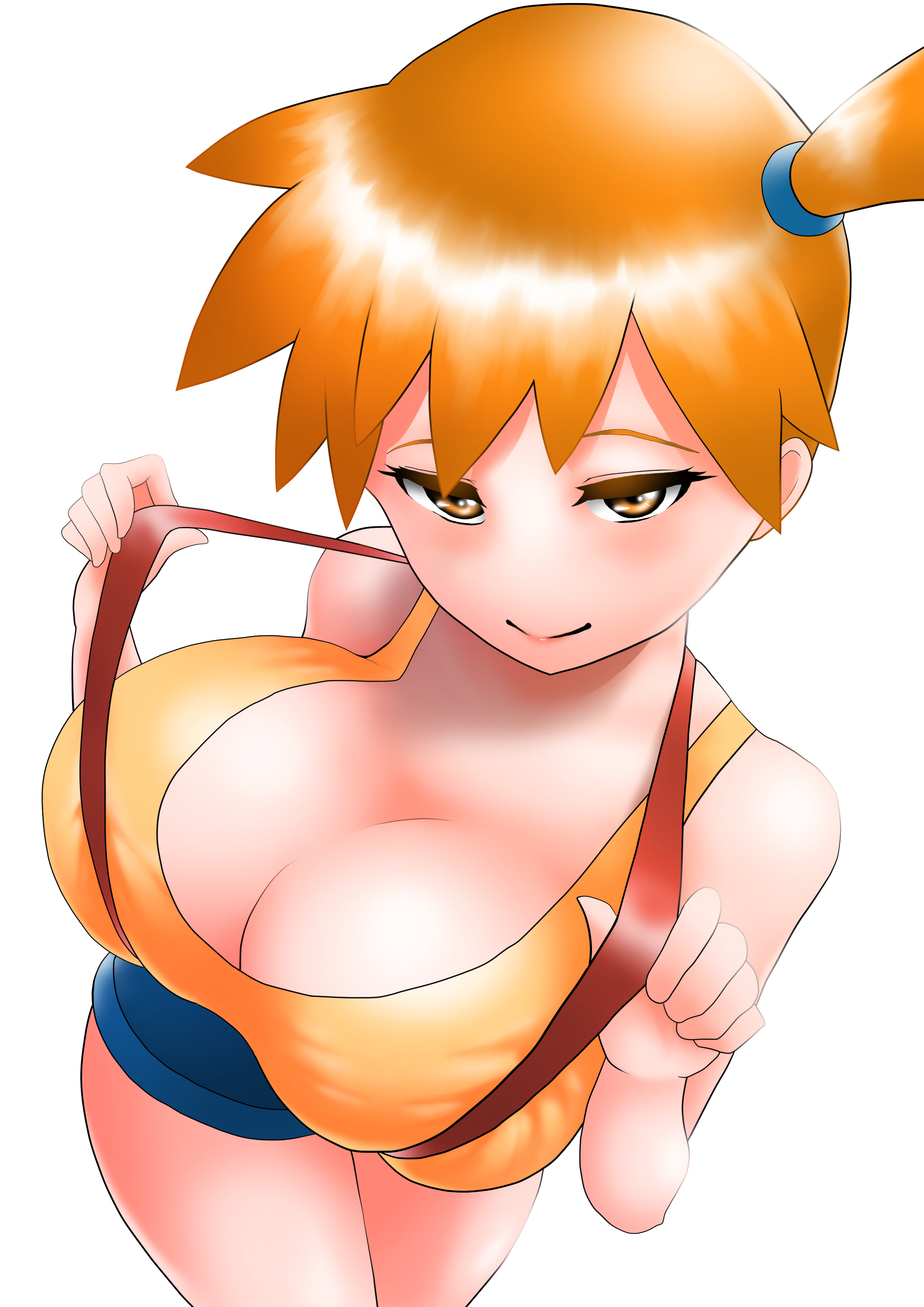 1girls, alternate breast size, big breasts, breasts, breasts squish, brown eyes, cleavage, denim, denim shorts, female, female only, from above, huge breasts, kasumi (pokemon), large breasts, looking at viewer, orange hair, pokemon, pokemon rgby, pov, red hair, seductive, seductive eyes, seductive look, seductive smile, short hair, short shorts, shorts, side ponytail, solo, suspenders, suspension, thick thighs, toba tsutsumi, voluptuous