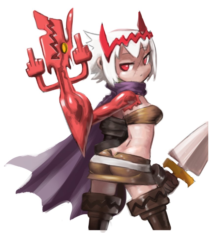 1girls angry ass cape dat_ass double_middle_finger dragon dragon_girl dragon_marked_for_death empress_(dmfd) flipping_off horn horns inti_creates medium_breasts middle_finger minus8 monster_girl red_eyes red_scales scales scar short_hair sword thighhighs weapon white_hair