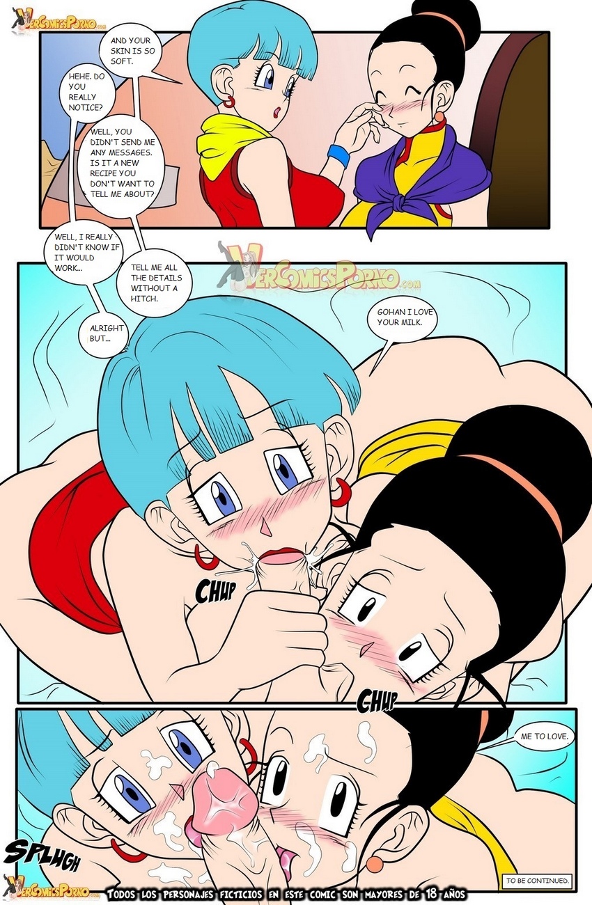 1boy 2girls apron ass barely_clothed big_breasts black_hair blowjob blue_eyes blue_hair blush breasts bulma_briefs chichi collaborative_fellatio comic comic_page cum cum_in_mouth cum_on_face double_fellatio dragon_ball dragon_ball_z drah_navlag earrings english_text faceless_male fellatio female hair_bun handjob incest lipstick milf mother mother_and_son multiple_girls older_female red_dress short_hair son_gohan teamwork threesome to_be_continued vercomicsporno