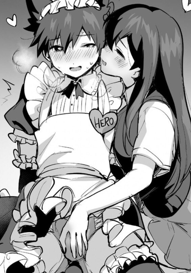 1boy 1girls blush bulge cat_ears cat_tail dominant_female echi_echi_tk female femboy femboy_on_female femdom groping hero_(omori) maid_uniform male mari_(omori) mob_face monochrome omori panties straight submissive_male sweat