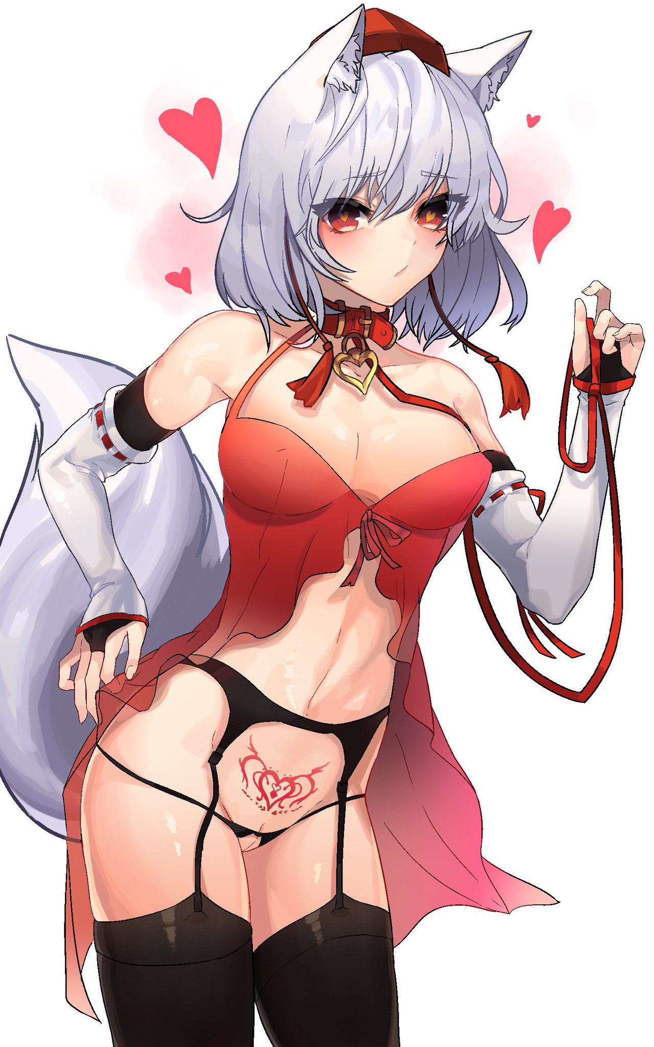 1girls, black thighhighs, breasts, collar, female, female focus, female only, leash, leash and collar, medium breasts, medium hair, momiji inubashiri, momijifactory, no bra, pubic tattoo, pussy, solo, stockings, thighhighs, touhou, white hair, wolf ears, wolf tail