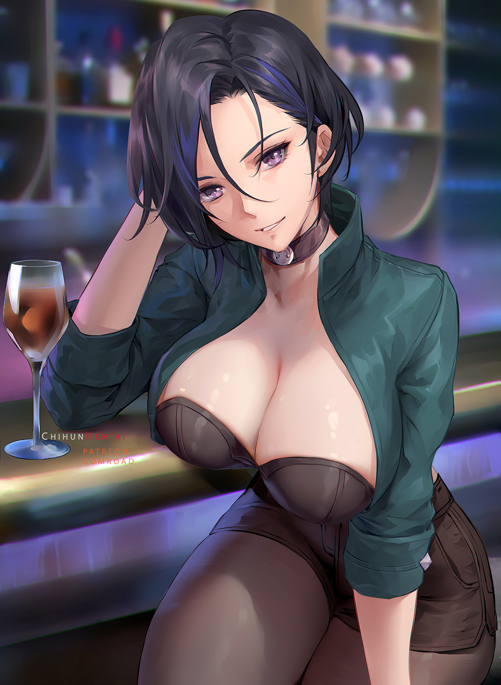 1girls, alternate hair color, asymmetrical hair, bangs, bar, black hair, blush, breasts, chihunhentai, choker, cleavage, cup, drinking glass, female, fire emblem, fire emblem: three houses, glass, green jacket, grin, highres, jacket, large breasts, looking at viewer, nintendo, pantyhose, purple eyes, revealing clothes, shamir nevrand, short hair, shorts, smile, solo, solo female