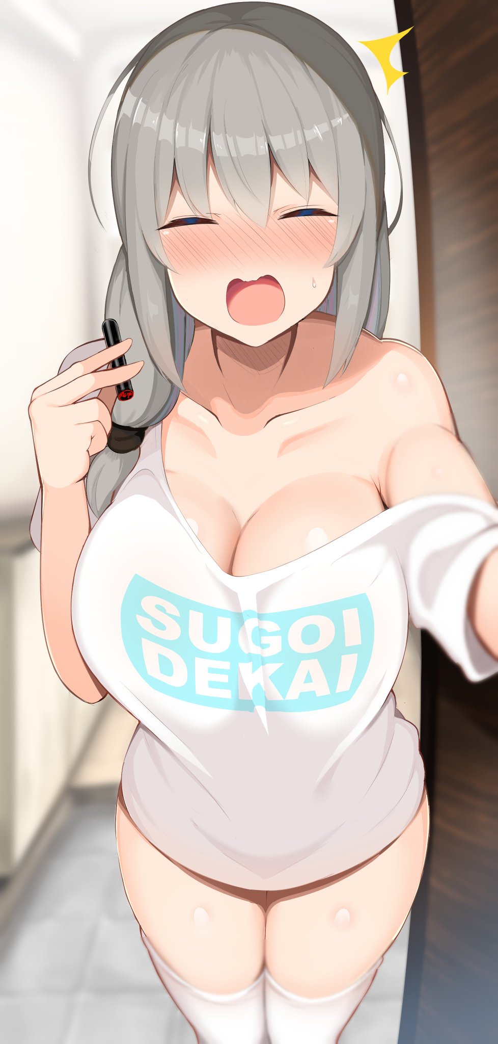 big_breasts blush bottomless closed_eyes collarbone embarrassed female female_focus female_only gasp gray_hair hair_over_shoulder jakko looking_at_viewer milf mother open_mouth silver_hair stamp sugoi_dekai sweatdrop t-shirt thighhighs uzaki-chan_wa_asobitai! uzaki_tsuki wide_hips