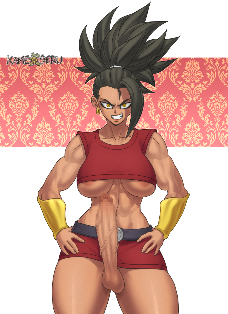 1futa, abs, alternate version available, areola slip, areolae, balls, big penis, blurry, breasts, censored, clothed, clothing, dickgirl, dragon ball, dragon ball super, erection, female, female saiyan, futa only, futanari, human, intersex, kale, kamekuzu, kameseru, muscular, muscular futa, partially clothed, penis, penis out, solo, solo futa, standing, thick thighs, underboob