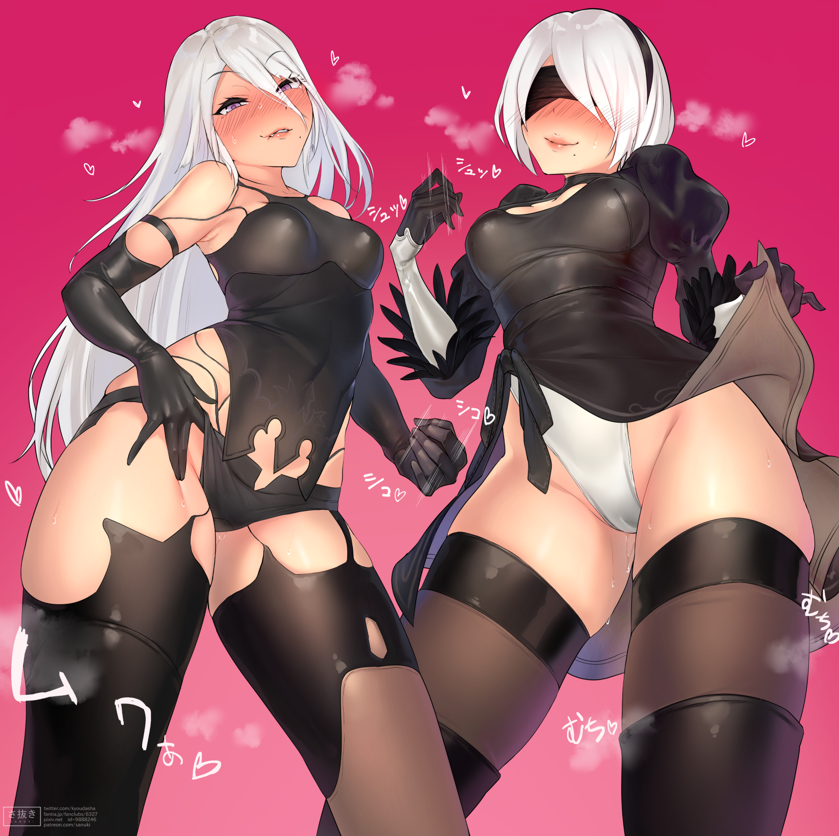 2021, 2girls, action lines, alternate eye color, android, android girl, beauty mark, biting lip, biting own lip, black dress, black gloves, black shorts, black thighhighs, blindfold, blindfolded, blush, blushing at viewer, breasts, cameltoe, cleavage, cleavage cutout, clothed, clothed female, dress, dress lift, female, female focus, female only, floating heart, from below, gloves, hairband, hand on hip, handjob gesture, head tilt, hips, large breasts, lipstick, long gloves, long hair, looking at viewer, looking down at viewer, medium breasts, mole under mouth, naughty face, nier (series), nier: automata, panties, pantyshot, purple eyes, pussy, sanuki (kyoudashya), short hair, short shorts, shorts, simple background, skindentation, smiling, smiling at viewer, sound effects, square enix, steam, steaming body, suggestive, suggestive gesture, suggestive look, teasing, teasing viewer, thick thighs, thigh high boots, thighhighs, thighs, torn clothes, torn thighhighs, visible breath, white hair, white panties, wide hips, yorha 2b, yorha a2