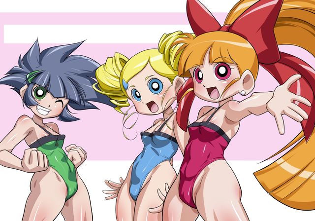 3girls blossom_(powerpuff_girls) breasts bubbles_(powerpuff_girls) buttercup_(powerpuff_girls) cartoon_network hikawadou kaoru_matsubara leotard miyako_gotokuji momoko_akatsutsumi multiple_girls powerpuff_girls powerpuff_girls_z skirt small_breasts