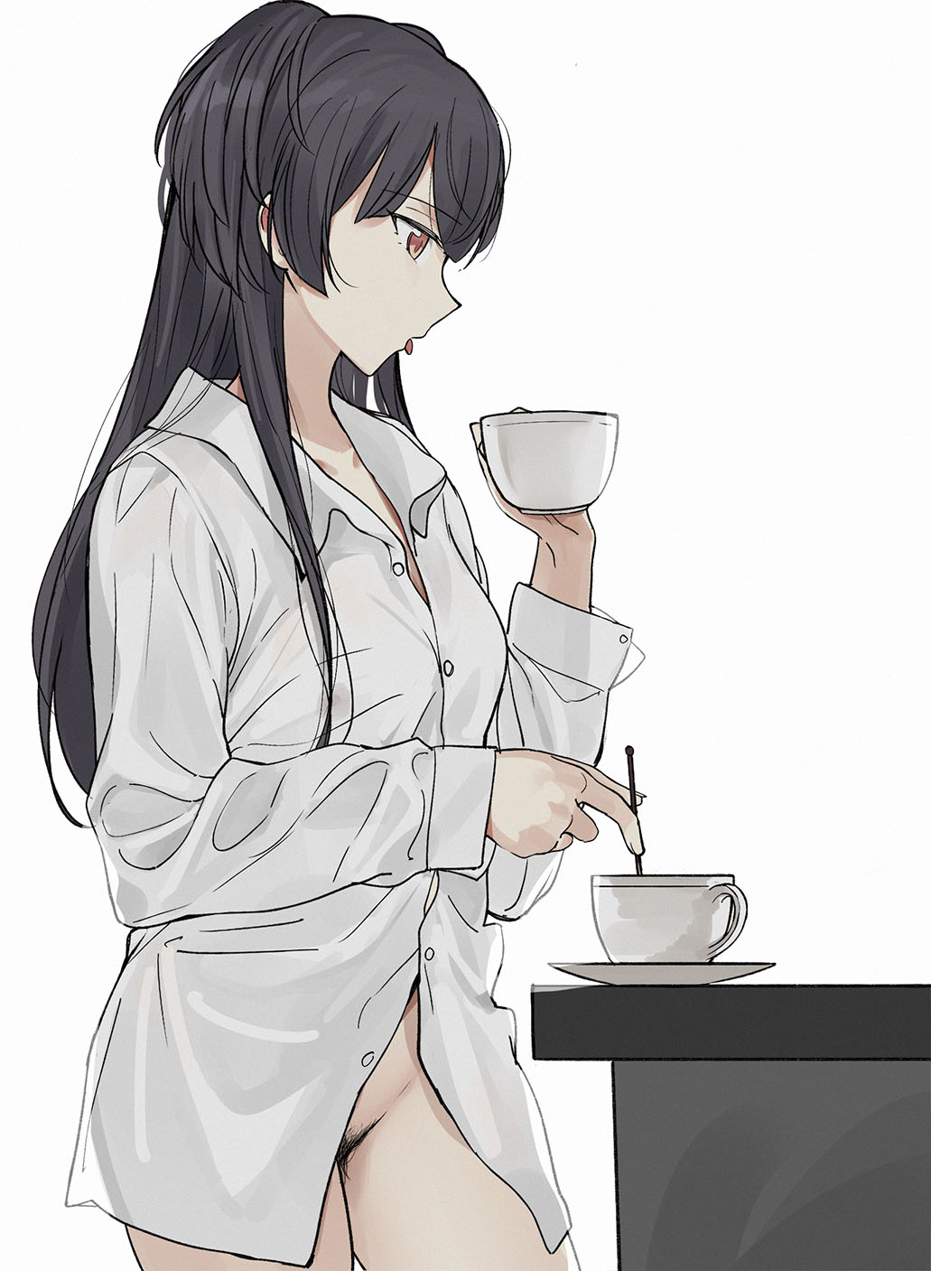 bangs black_hair blunt_bangs brown_eyes collarbone collared_shirt counter cup dress_shirt eyebrows_visible_through_hair female female_pubic_hair highres holding holding_cup idolmaster idolmaster_shiny_colors liu_chi_tiantang_fr long_hair mayuzumi_fuyuko mug naked_shirt pubic_hair saucer shirt simple_background solo stirrer stirring tongue tongue_out two_side_up white_background