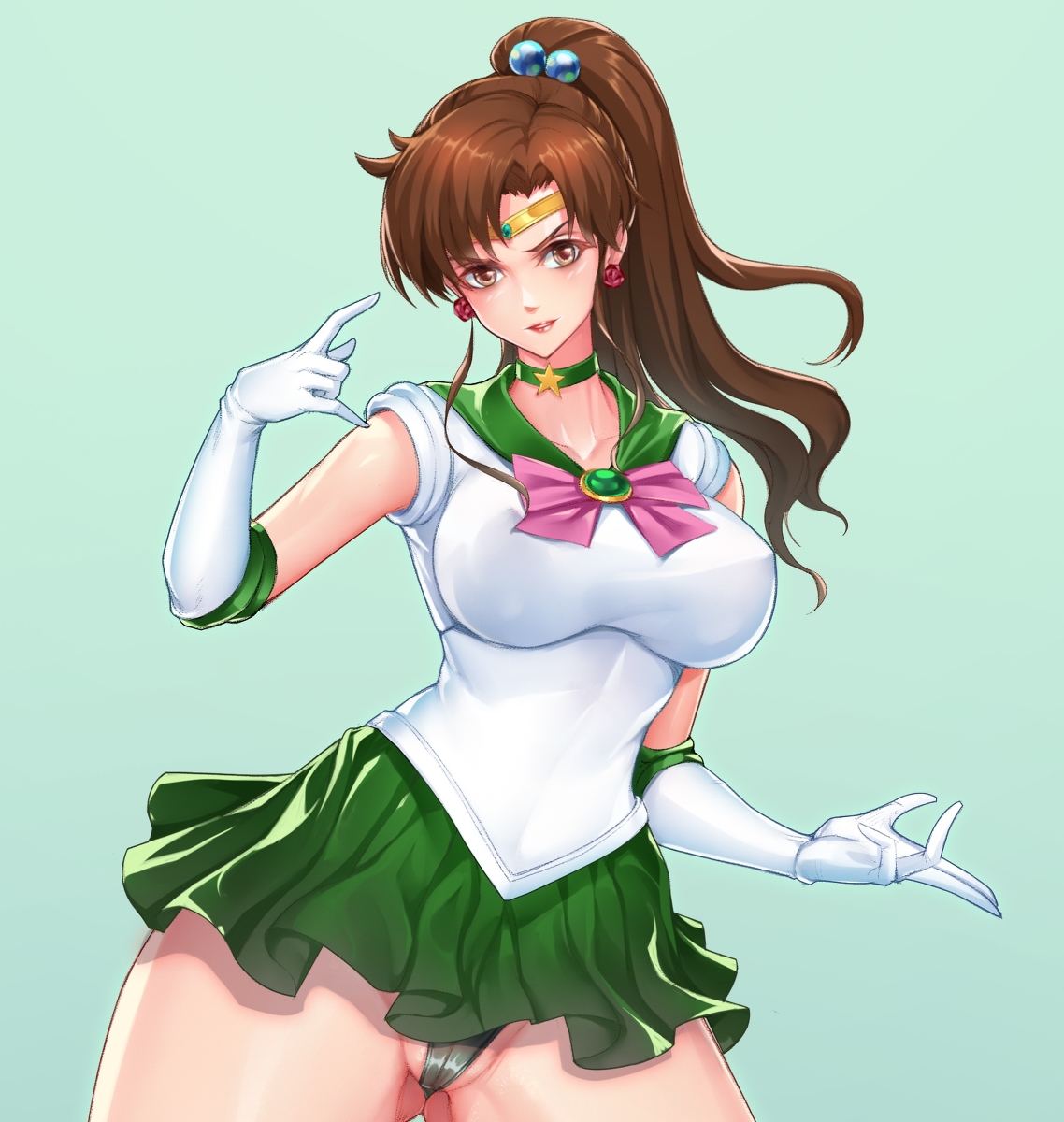 1girls, big breasts, bishoujo senshi sailor moon, breasts, brown eyes, brown hair, cameltoe, clothed, clothing, erect nipples, female, female only, large breasts, leotard, makoto kino, night (artist), nipples, panties, pantyshot, ponytails, pose, pussy, sailor jupiter, short skirt, skirt, solo, solo female, thick thighs, tight clothing