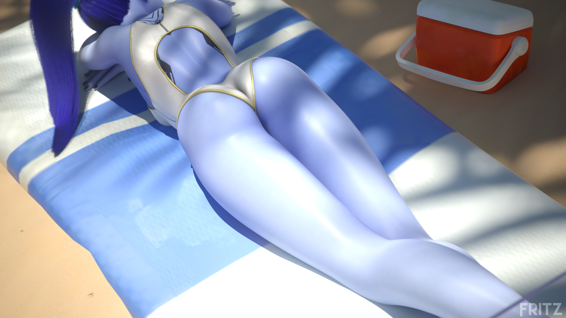 1girls, 3d, ass, beach, big ass, blender, blizzard entertainment, female, female only, fritzhq, laying, lying, lying on stomach, overwatch, solo, solo female, widowmaker