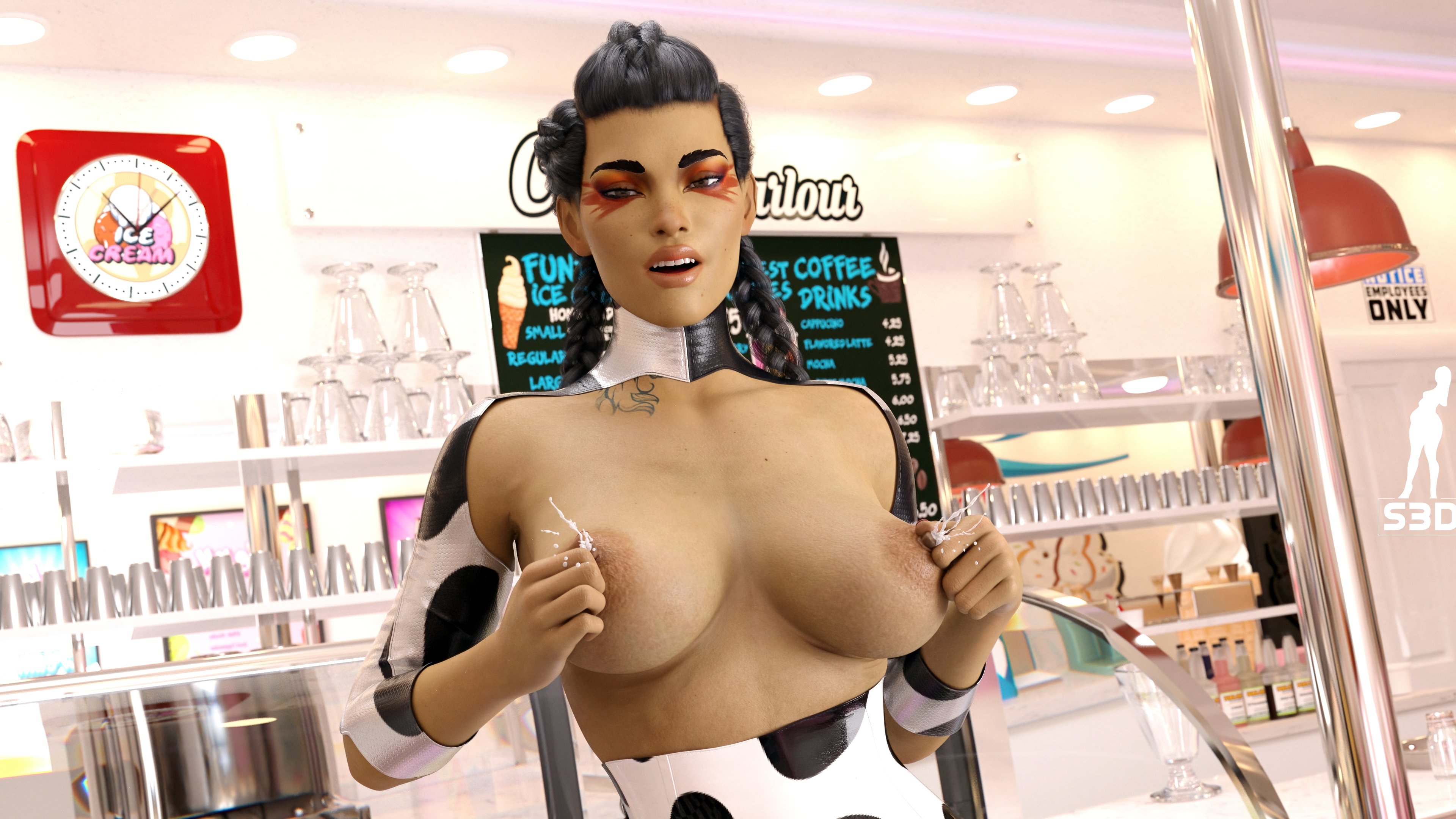 1girls, 3d, apex legends, big breasts, black hair, blender, breasts, brown eyes, cow print, dark skin, dark-skinned female, exhibitionism, exhibitionist, exposed, exposed breasts, female, flashing, ice cream, lactation, loba (apex legends), looking at viewer, milk, milk squirt, milking, poster, public, public nudity, steps3d, store