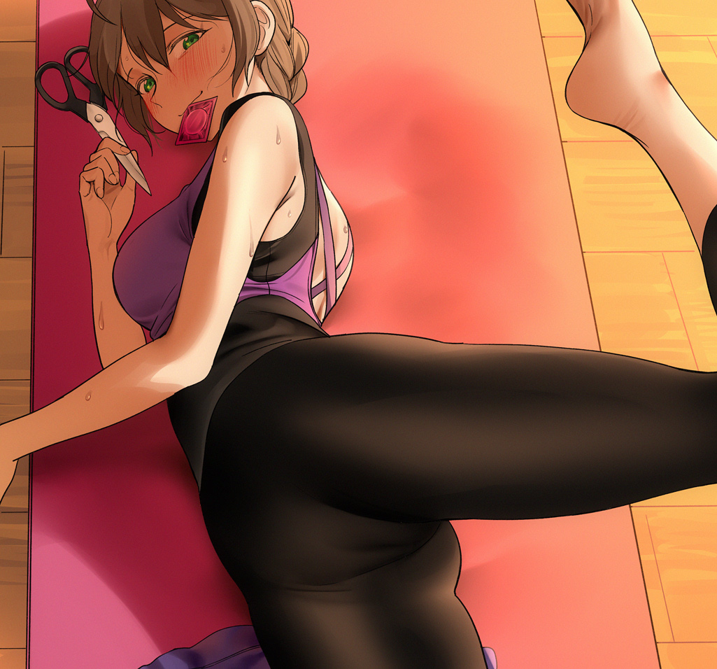 back_cutout bangs bare_arms bare_shoulders barefoot black_legwear black_shirt blush braid breasts brown_hair cameltoe closed_mouth clothing_cutout commentary_request condom condom_in_mouth condom_wrapper exercise feet female fingernails from_above green_eyes hair_between_eyes holding holding_scissors idolmaster idolmaster_million_live! idolmaster_million_live!_theater_days indoors leg_lift leggings liu_chi_tiantang_fr looking_at_viewer looking_to_the_side lying mat medium_breasts mouth_hold on_side purple_shirt sakuramori_kaori scissors shirt short_hair sleeveless sleeveless_shirt smile soles solo spread_legs sweat tied_hair two-tone_shirt wooden_floor