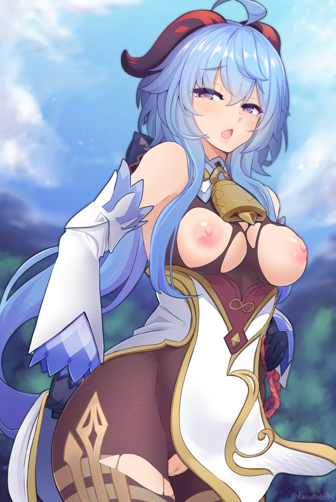 :o, ahoge, bangs, bare shoulders, bell, blue sky, blush, bodystocking, breasts, censored, commentary, cowboy shot, day, detached sleeves, english commentary, eyebrows visible through hair, female, ganyu (genshin impact), genshin impact, hand on hip, horns, impossible clothes, kazu-koto, large breasts, long hair, long sleeves, looking at viewer, low ponytail, mosaic censoring, nipples, open mouth, outdoors, purple eyes, pussy, red ribbon, ribbon, sidelocks, sky, solo, torn bodystocking, twitter username, very long hair