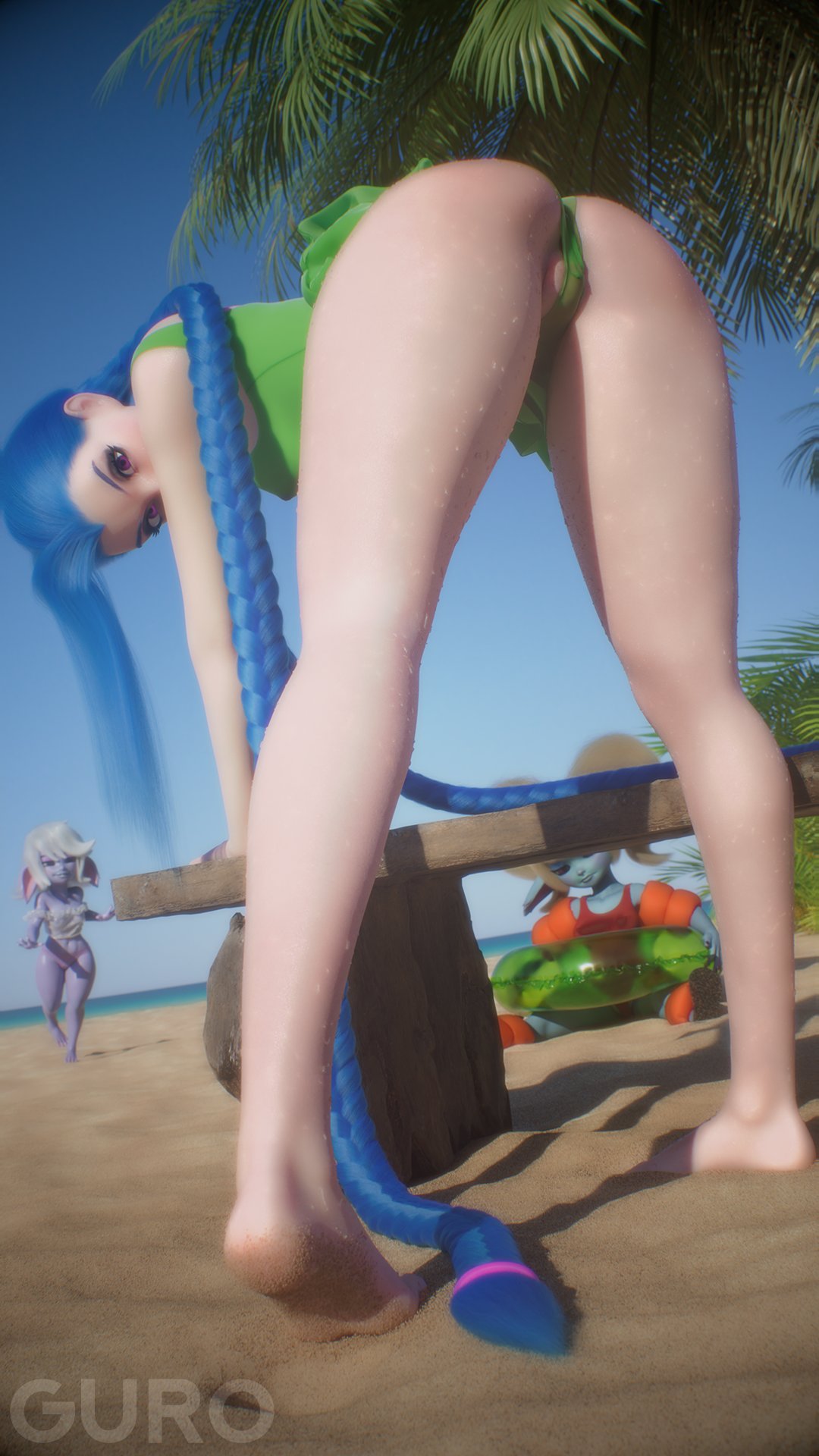 2021 3d 3girls ass barefoot barely_visible_genitalia beach bent_over blender blue_hair feet female female_only gribabos gurobase jinx_(league_of_legends) league_of_legends long_hair one-piece_swimsuit one_piece_swimsuit pool_party_jinx pool_party_poppy pool_party_series pool_party_tristana poppy purple_skin pussy_peek riot_games sand shortstack solo_focus tristana yordle