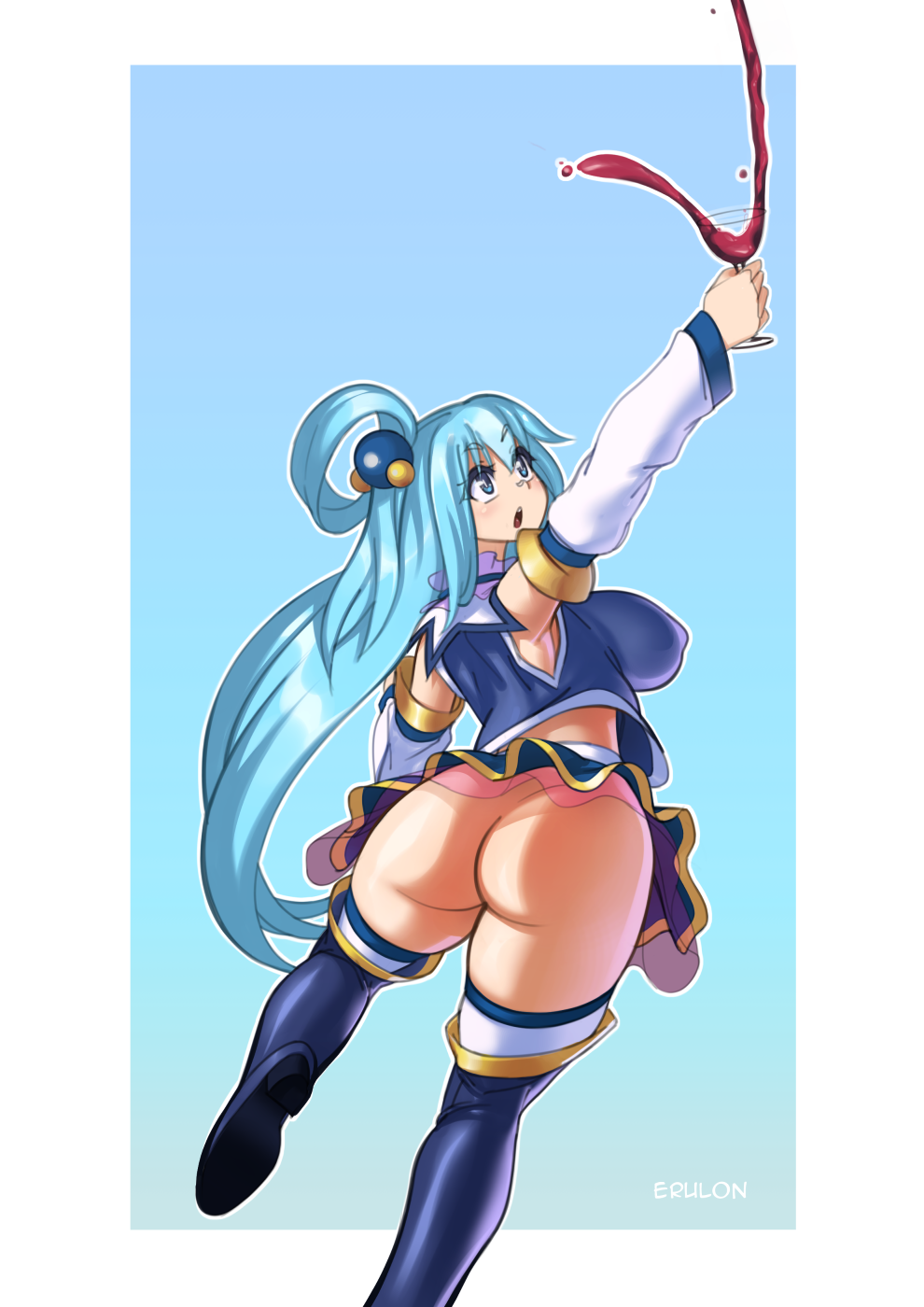 aqua_(konosuba) artist_name ass bare_shoulders blue_eyes blue_hair blue_skirt boots breasts cup detached_sleeves drinking_glass erulon female highres huge_ass kono_subarashii_sekai_ni_shukufuku_wo! large_breasts long_hair no_panties skirt solo thigh_boots thighhighs thighs wine_glass