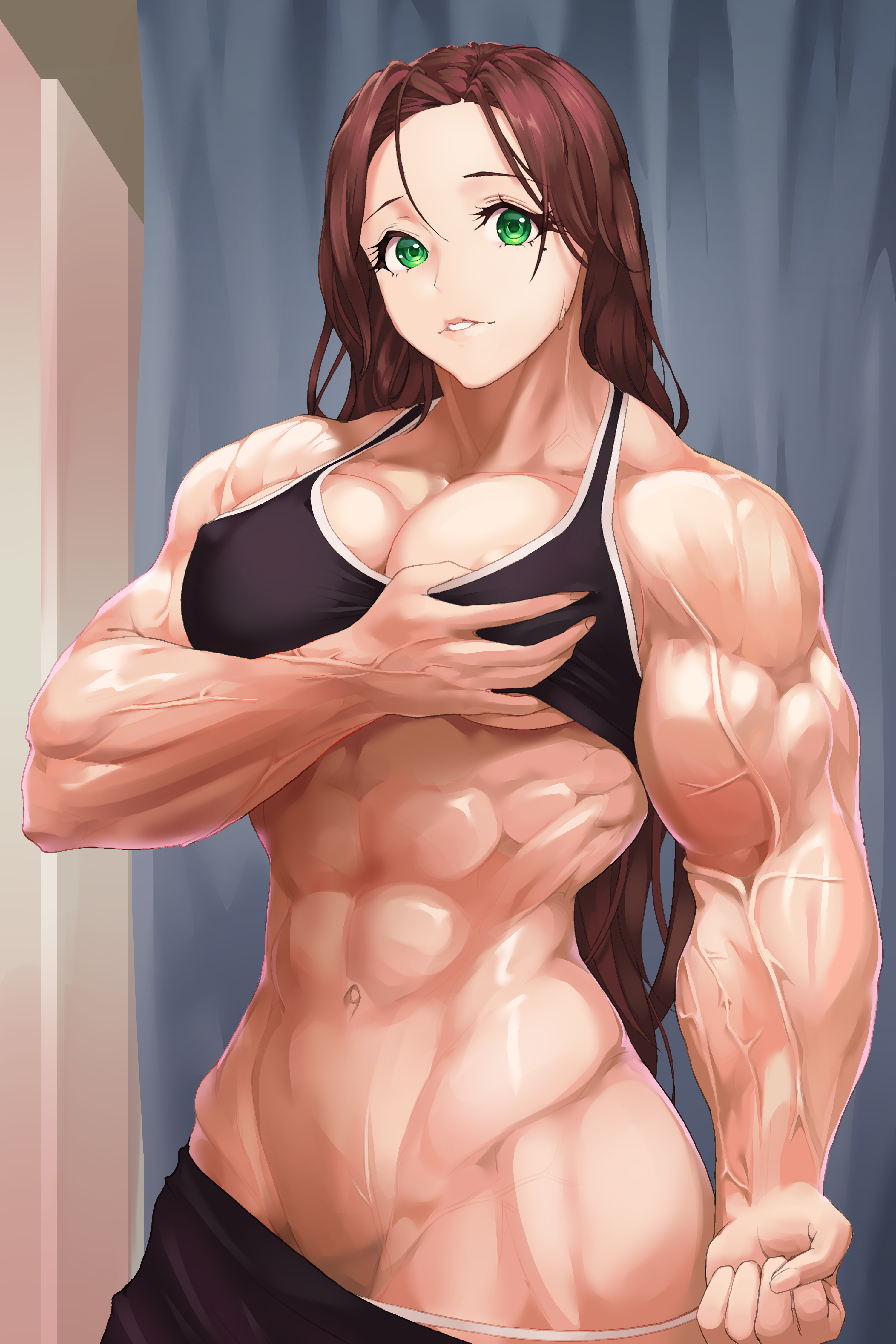 abs, bare shoulders, breasts, brown hair, busty, charcoalaaa, cleavage, extreme muscles, female, green eyes, large breasts, long hair, looking at viewer, muscles, muscular, muscular female, navel, solo, thong, veins