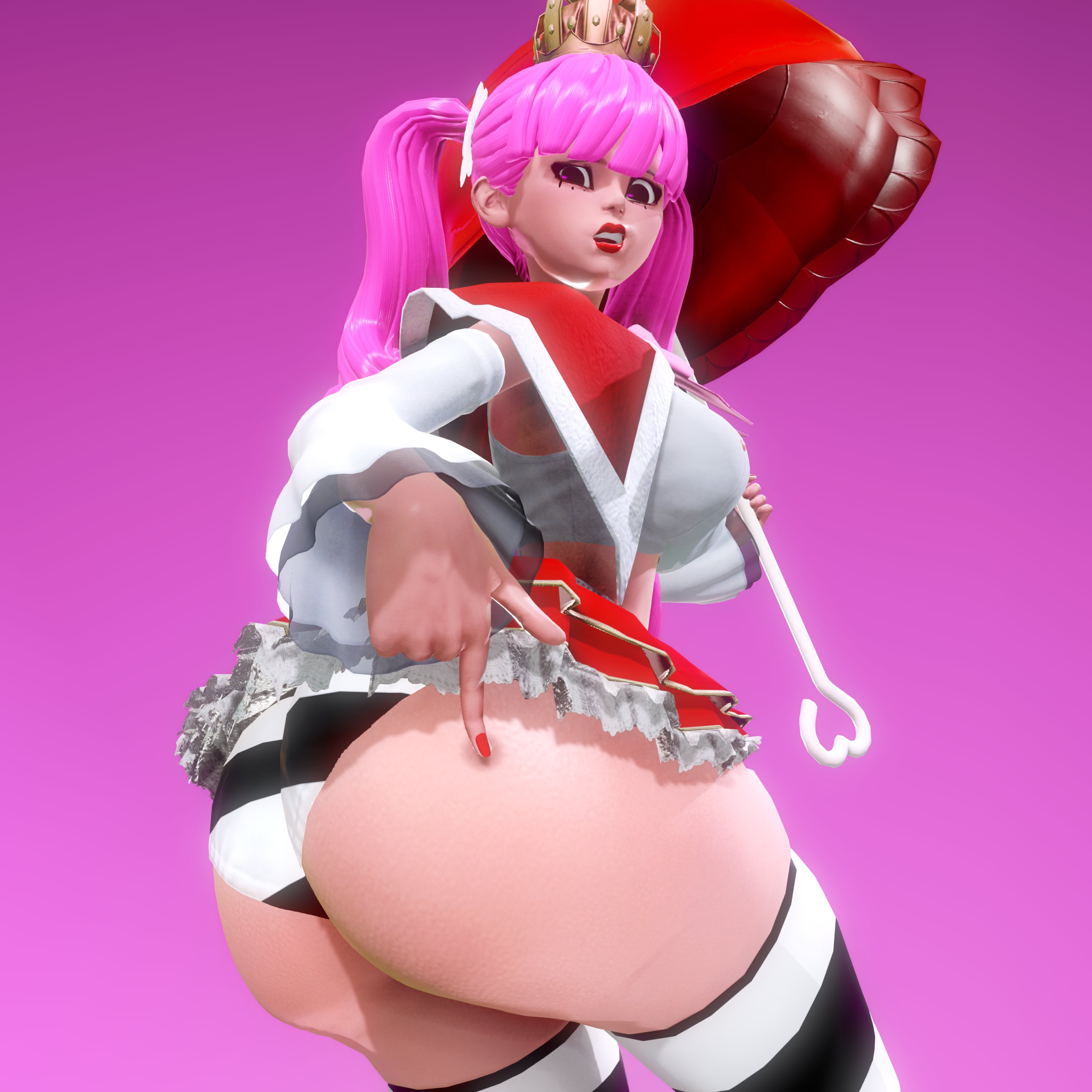 3d, ass, belly shirt, big ass, big breasts, big butt, bottom heavy, breasts, bubble ass, bubble butt, crown, fat ass, fat butt, female, female only, huge ass, huge butt, large ass, large breasts, large butt, lipstick, nail polish, one piece, panties, perona, pink hair, poking ass, prevence, shimapan, shounen jump, skirt, stockings, striped legwear, striped panties, twintails, umbrella