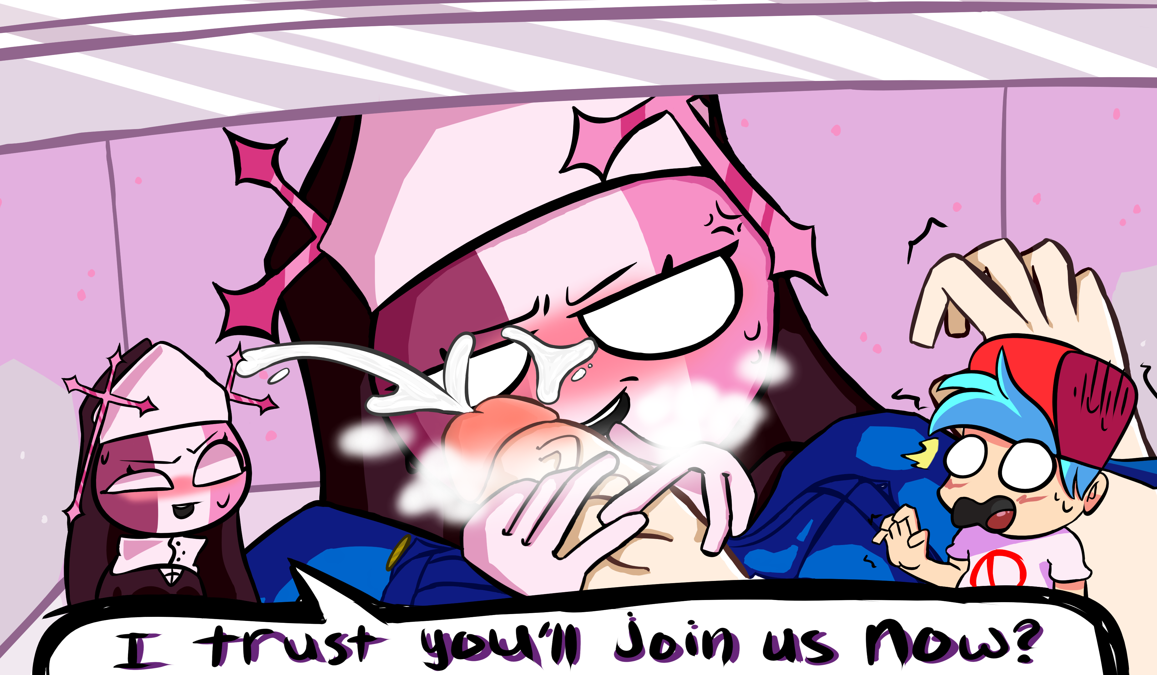 1boy, 1girls, blue hair, blush, boyfriend (friday night funkin), cum, cum on face, female, friday night funkin, handjob, hat, jiyucy, male, male pov, nun, nun's habit, penis, pov, pov eye contact, sarvente (dokki.doodlez), short hair, smile, speech bubble, text, unzipped pants, veiny penis