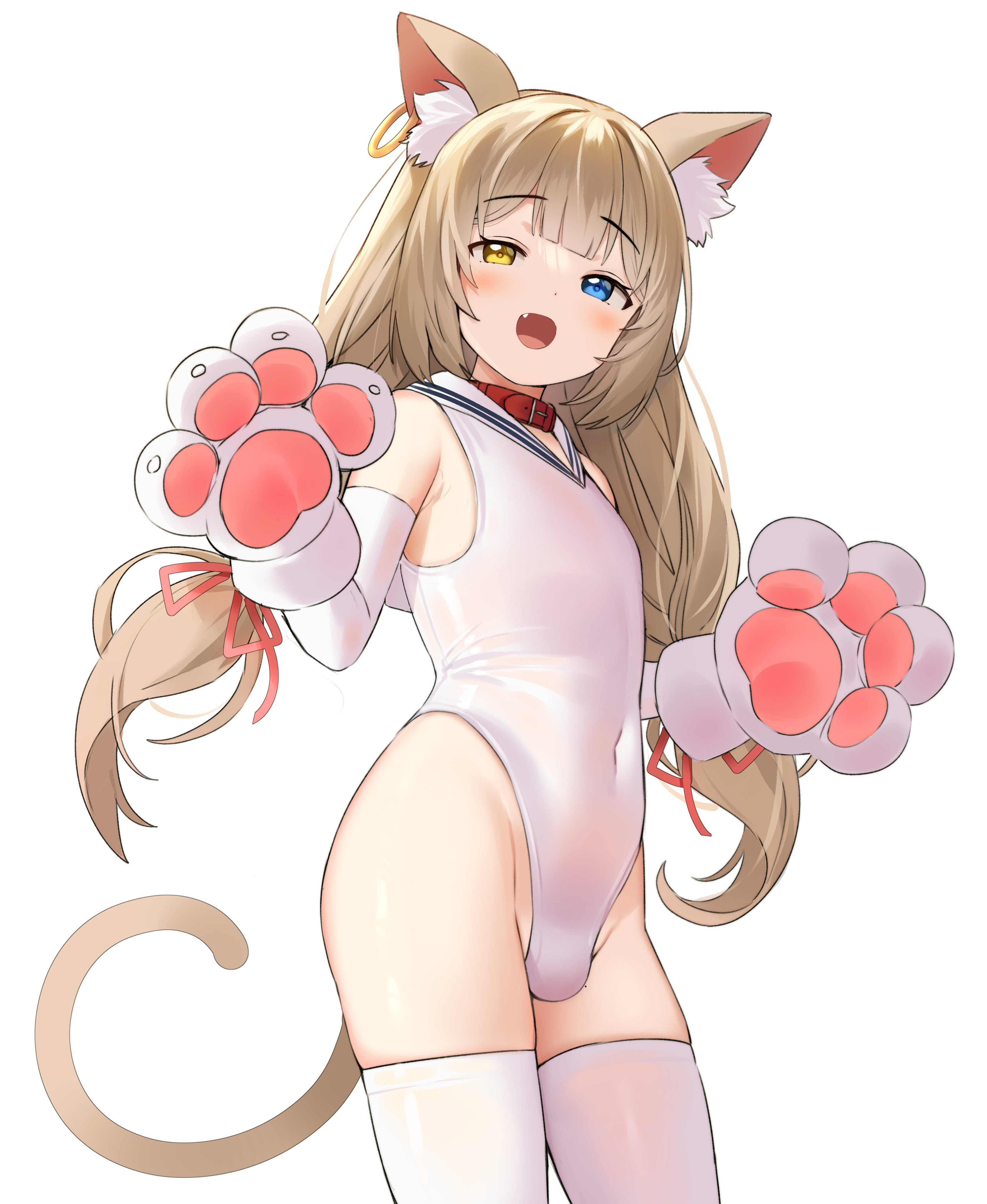 :d, 1boy, absurdres, animal ear fluff, animal ears, bangs, belt collar, blonde hair, blue eyes, blush, bulge, cat boy, cat ears, cat paws, cat tail, catboy, collar, competition swimsuit, covered navel, crossdressing, crossdressing male, cute fang, elbow gloves, eyebrows visible through hair, femboy, feminine male, flat chest, girly, gloves, heterochromia, highres, leotard, long hair, looking at viewer, low twintails, male, male focus, male only, meettheton, oerba yun fang, one-piece swimsuit, open mouth, original, otoko no ko, paw gloves, paws, sailor collar, simple background, solo, standing, swimsuit, tail, thighhighs, trap, twintails, white background, white legwear, white swimsuit, yellow eyes