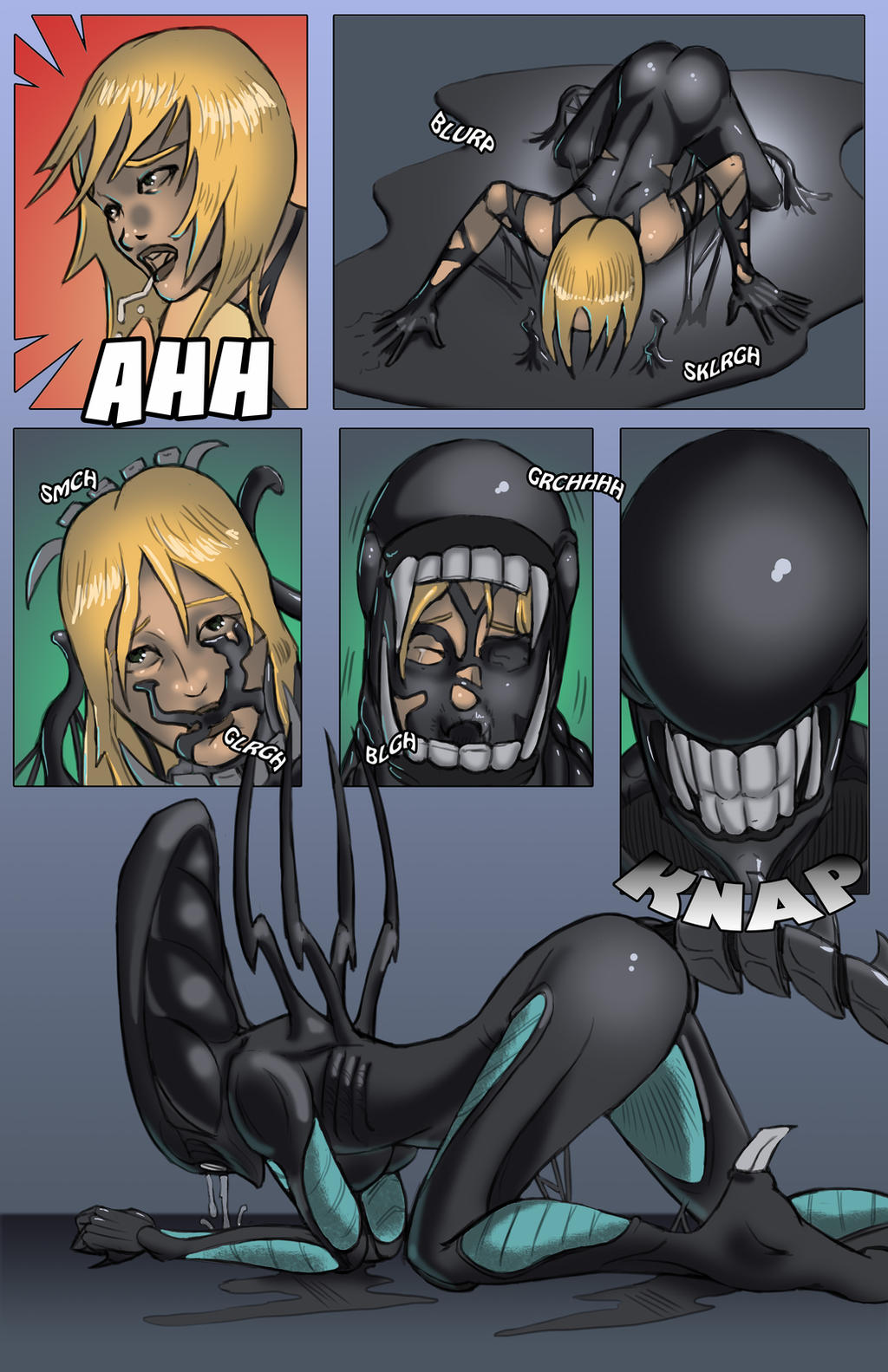 1girls, 2d, alien (franchise), assimilation, black goo, breasts, dark skin, female, female only, female xenomorph, femomorph, general sci, goo, identity death, monsterification, possession, skin color change, solo, solo female, symbiote, takeover, transformation, transformation sequence, xenomorph