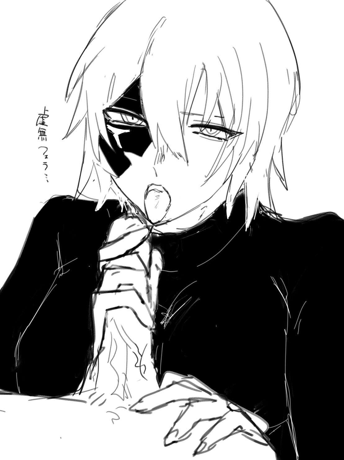 1boy, black and white, breasts, dainsleif (genshin impact), gay, genshin impact, handjob, male, male only, mask, tongue, tongue out, turtleneck, uncolored, yaoi