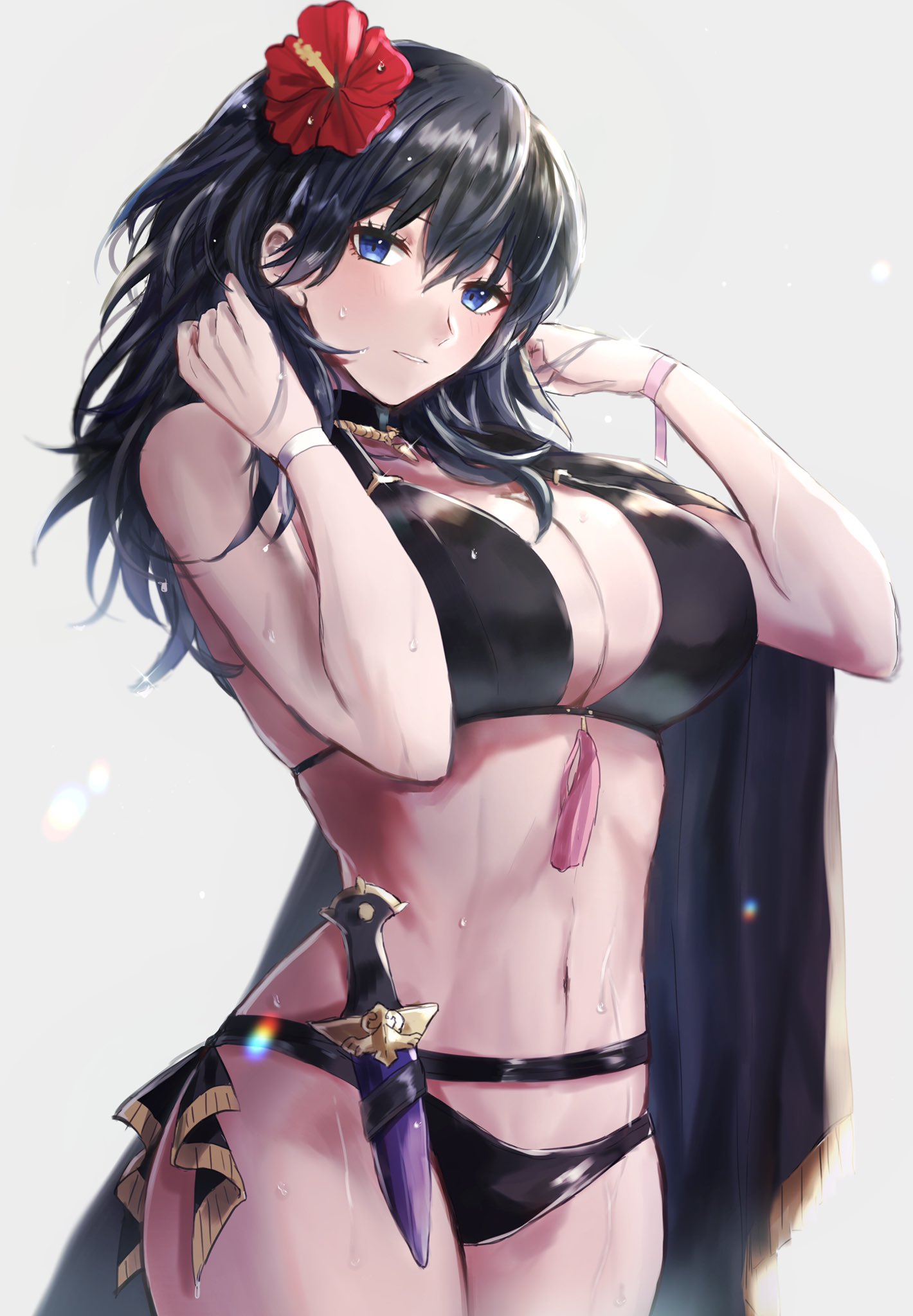 1girls, 3h aria, alternate costume, bikini, black bikini, black swimsuit, blue eyes, blue hair, breasts, byleth (fire emblem), byleth (fire emblem) (female), cape, female, fire emblem, fire emblem heroes, fire emblem: three houses, flower, flower in hair, hair flower, hourglass figure, knife, large breasts, looking at viewer, medium hair, nintendo, soaked, solo, water, wet, white skin