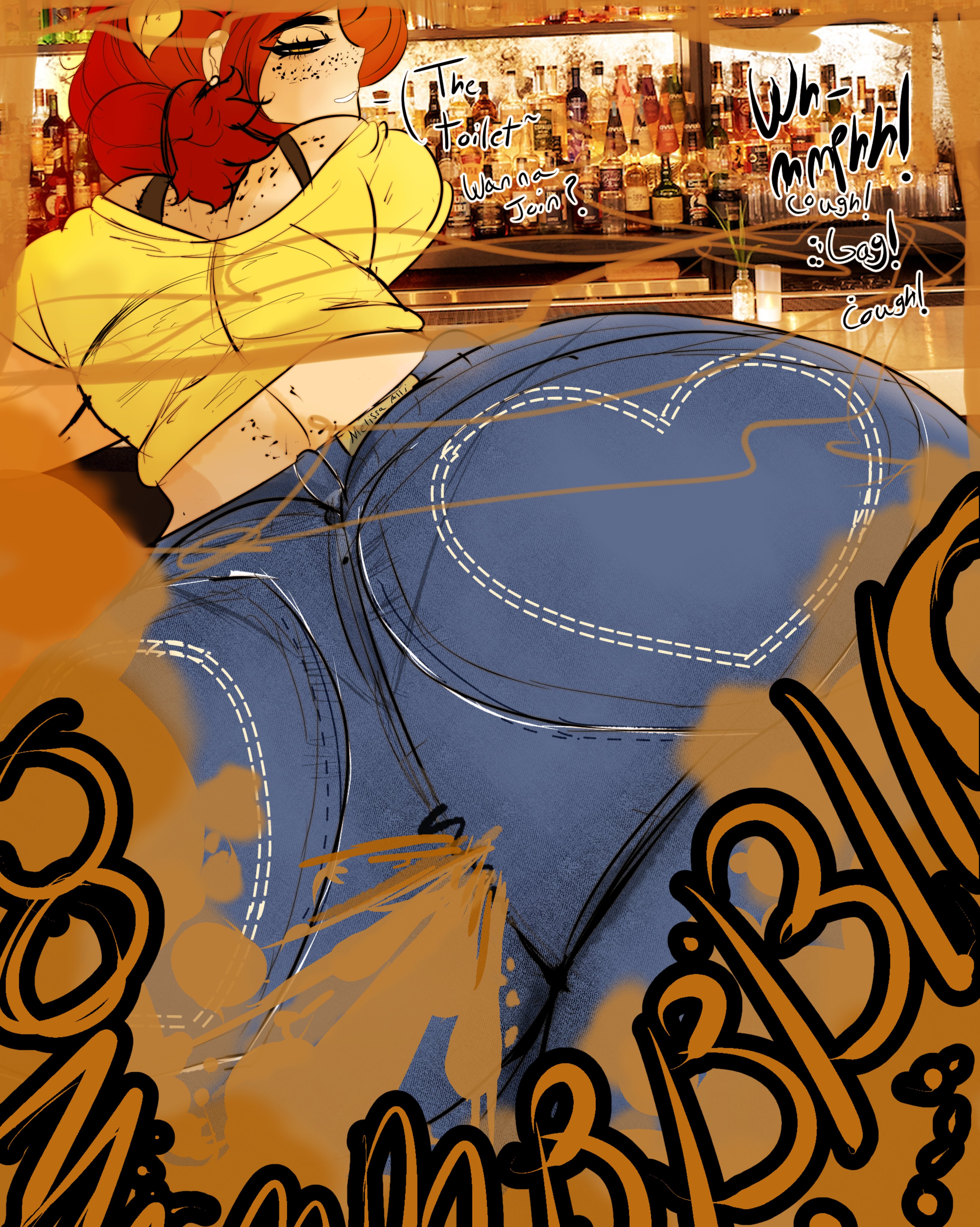 1girls, aphrodite (melissaalli), ass, bar, big ass, big butt, english text, fart, fart cloud, fart everywhere, fart fetish, farting, female, jeans, looking at viewer, looking back, looking back at viewer, melissaalli, new year, oc, original, original character, rear view, red hair, short hair, smile, solo female, standing, text, thick thighs, yellow eyes