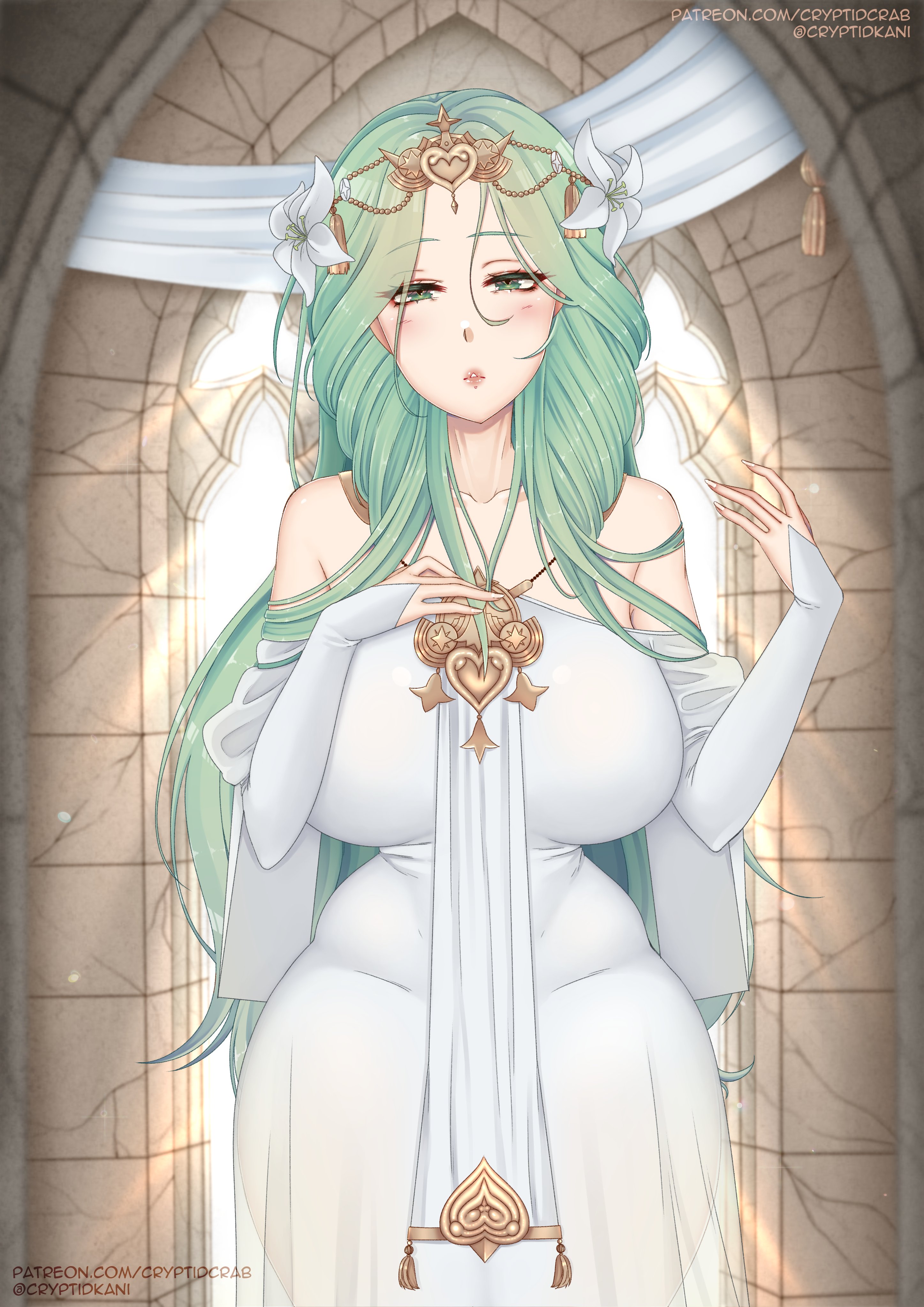 1girls, bare shoulders, breasts, cryptid crab, dress, female, fire emblem, fire emblem: three houses, flower, green eyes, green hair, hair flower, huge breasts, long hair, long sleeves, looking at viewer, narrow waist, nintendo, off shoulder, plump, rhea (fire emblem), solo, solo female, thick thighs, white flower, wide hips